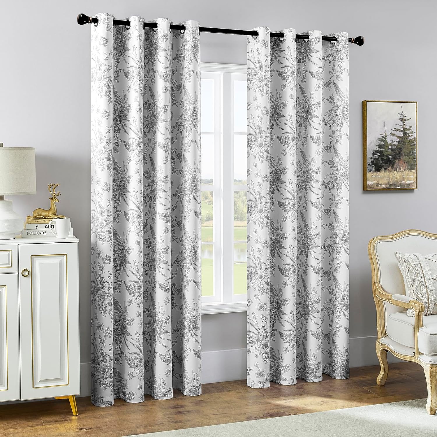 YoungsTex Cortinas opacas florales negras de 84 pulgadas de largo para sala de estar, doble capa con ojales impresos, cortinas de oscurecimiento de