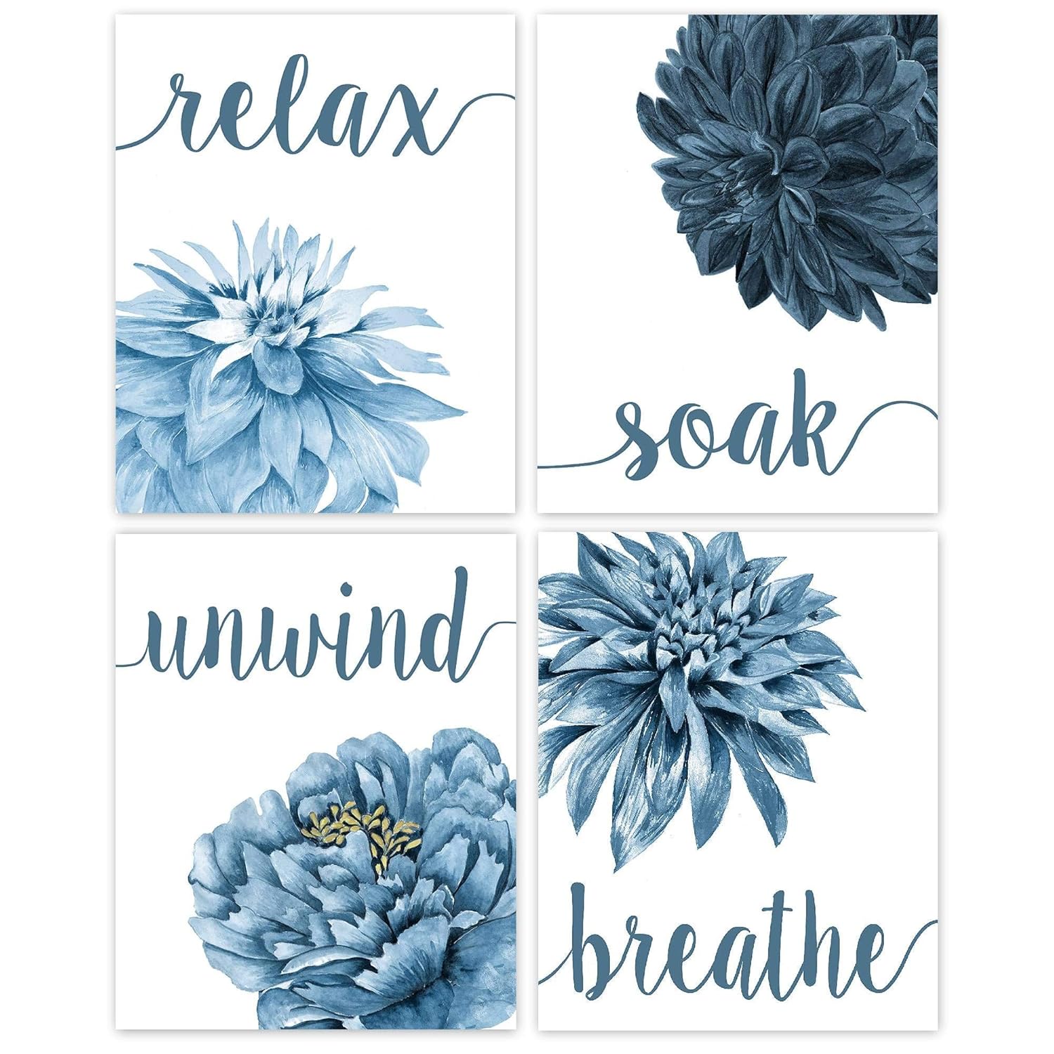 Simplitic Relax Soak Unwind Breathe Blue Blend Floral Prints, 4 (8×10) Unframed Photos, Wall Art Decor Gifts for Home Office Salon Lounge Bathroom