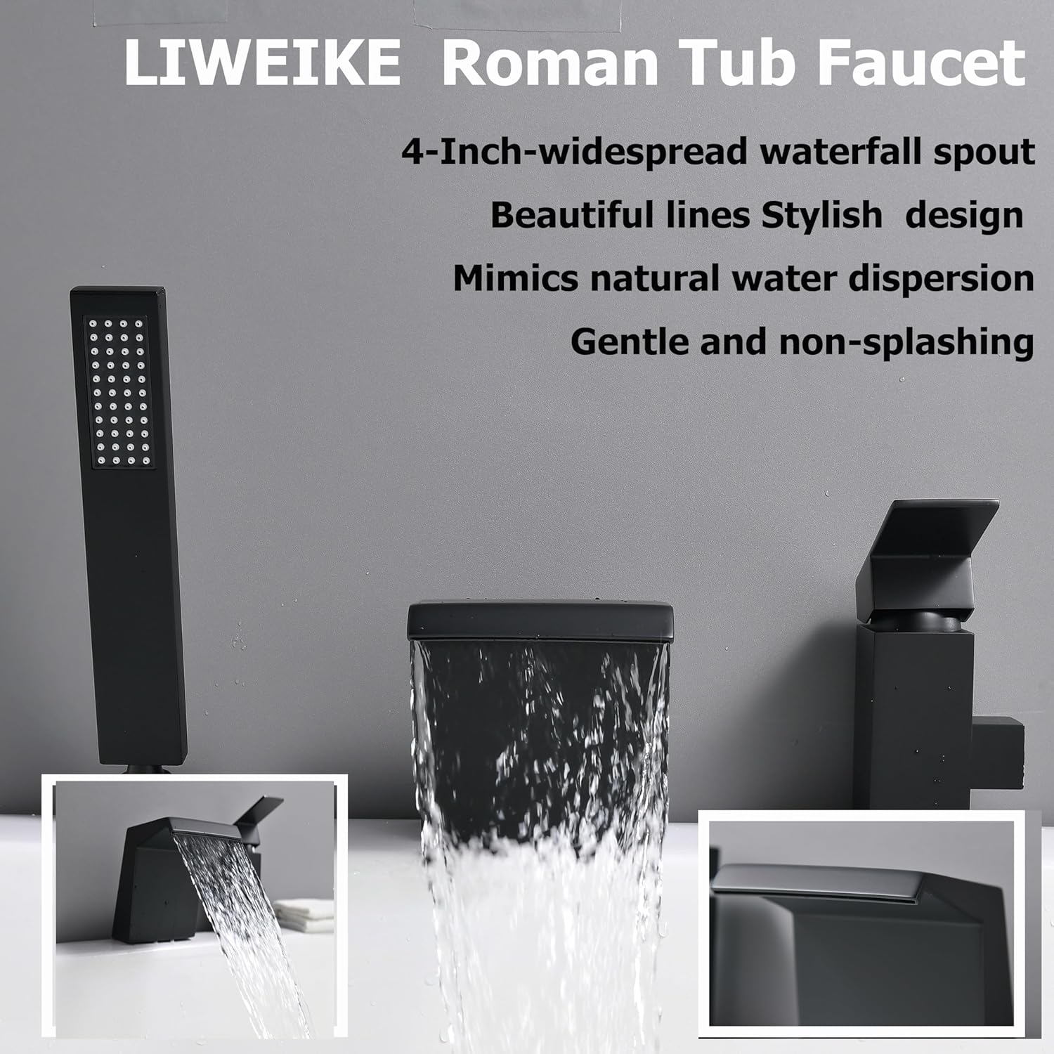 LIWEIKE Grifo de bañera romano con pulverizador, grifo de bañera romano negro mate, montaje en cubierta, juego de grifo de bañera de 3 agujeros con