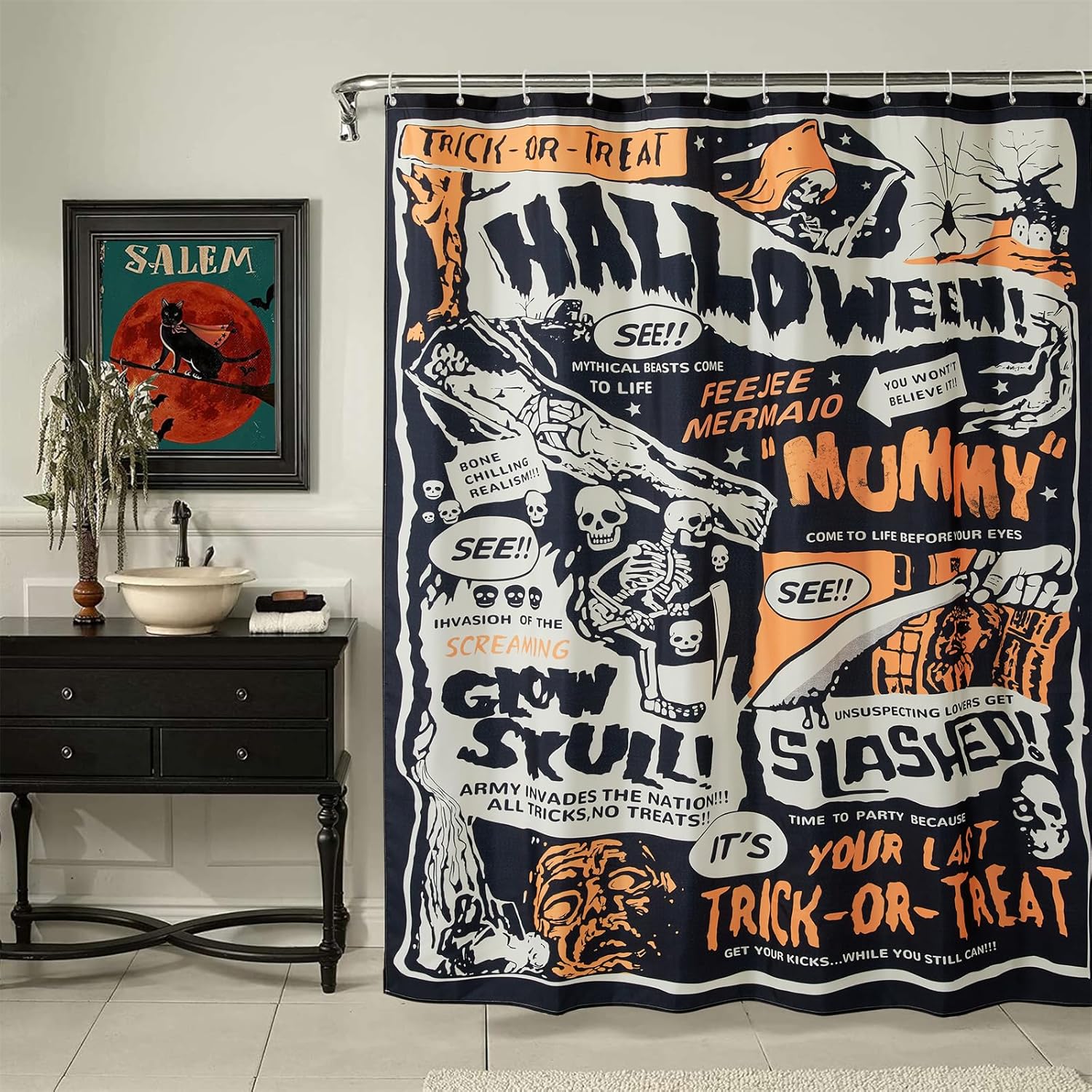 Cortina de ducha de tela retro vintage de Halloween, decoración de baño espeluznante, dulce o truco, lindo gótico, espeluznante, calavera,