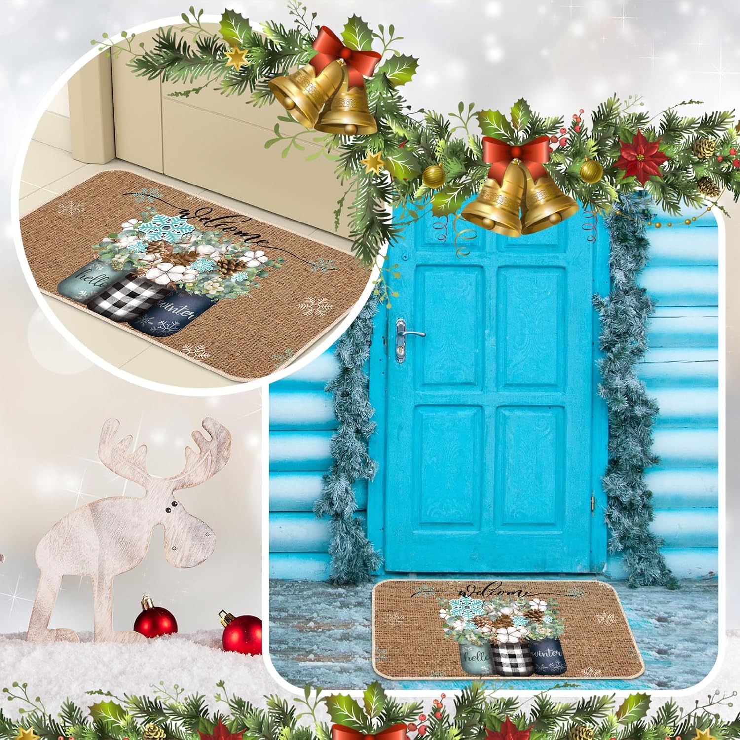 Timgle Tapetes de Navidad para puerta de invierno, antideslizantes, tapetes de bienvenida para interiores y exteriores, conos de pino, copos de