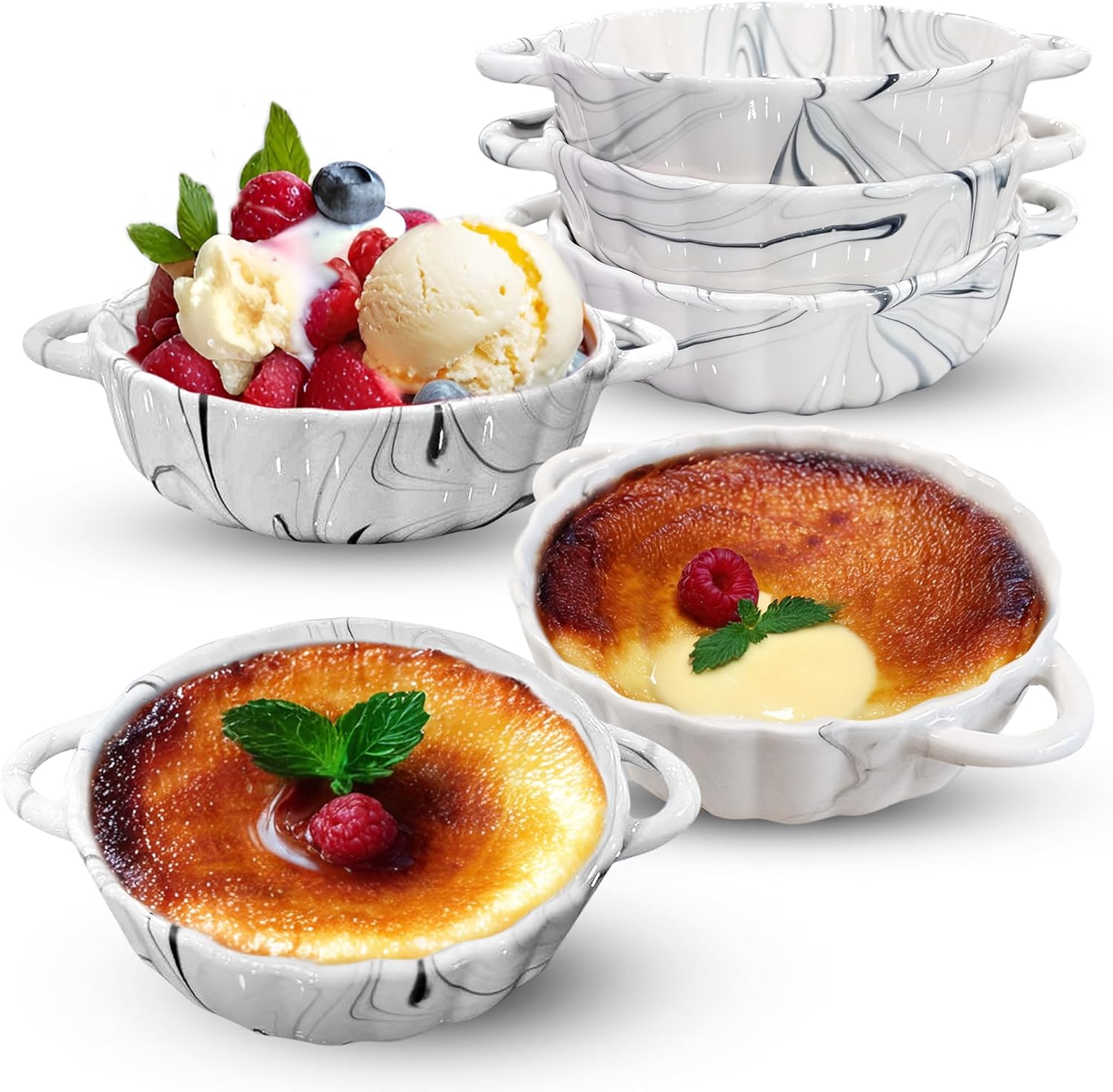CASADELLA – Juego de 6 moldes para horno de 8 onzas, juego de 6 moldes de crema Brulee con asas dobles, tazas de postre de cerámica, regalo