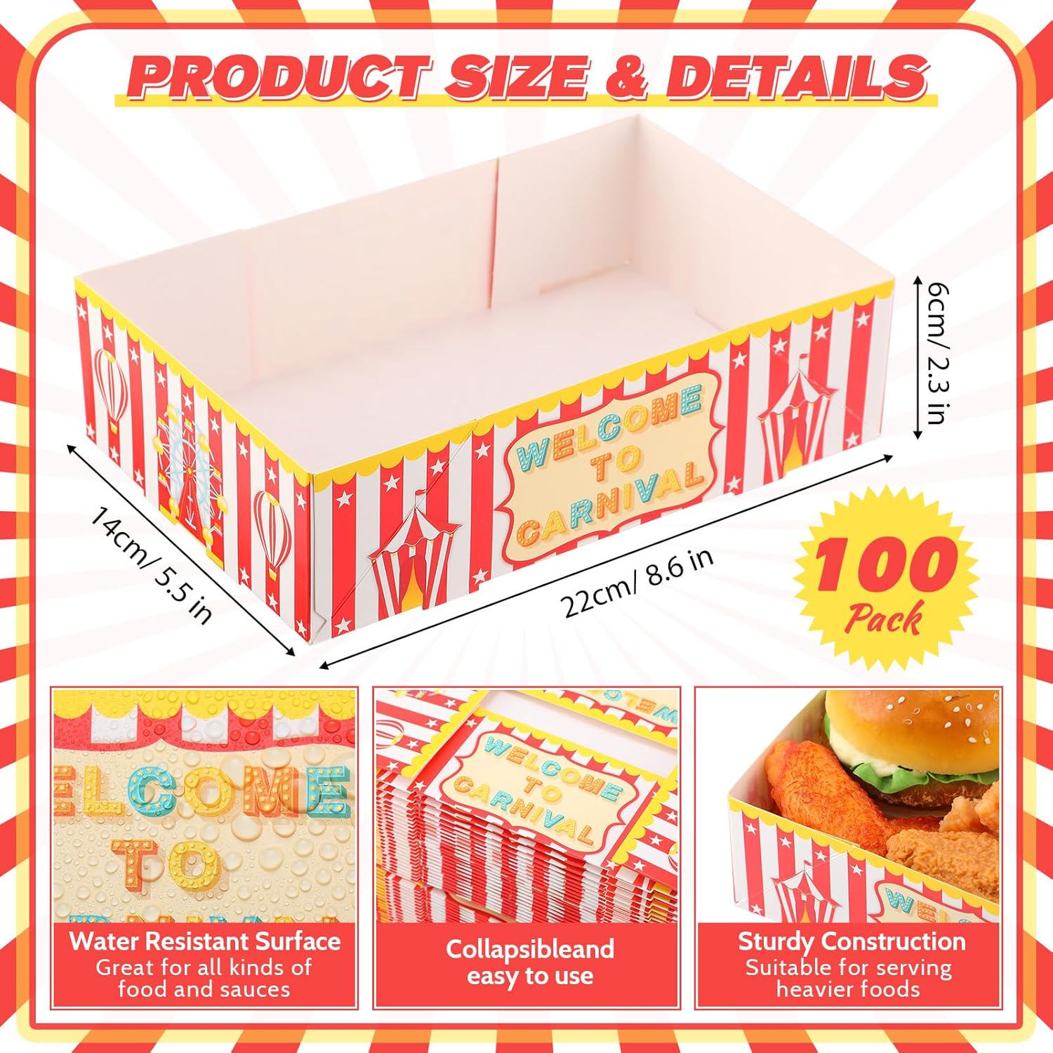 Patelai Juego de 100 bandejas de comida de carnaval de 3 libras, juego de bandejas de comida de papel de 4 esquinas, caja de comida de cartón