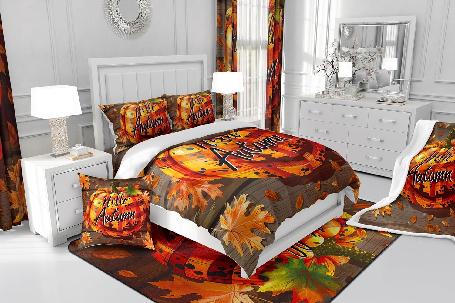Manfei Sábana bajera ajustable de calabaza de otoño, tamaño matrimonial, funda de cama de calabaza de leopardo a cuadros con 2 fundas de almohada,