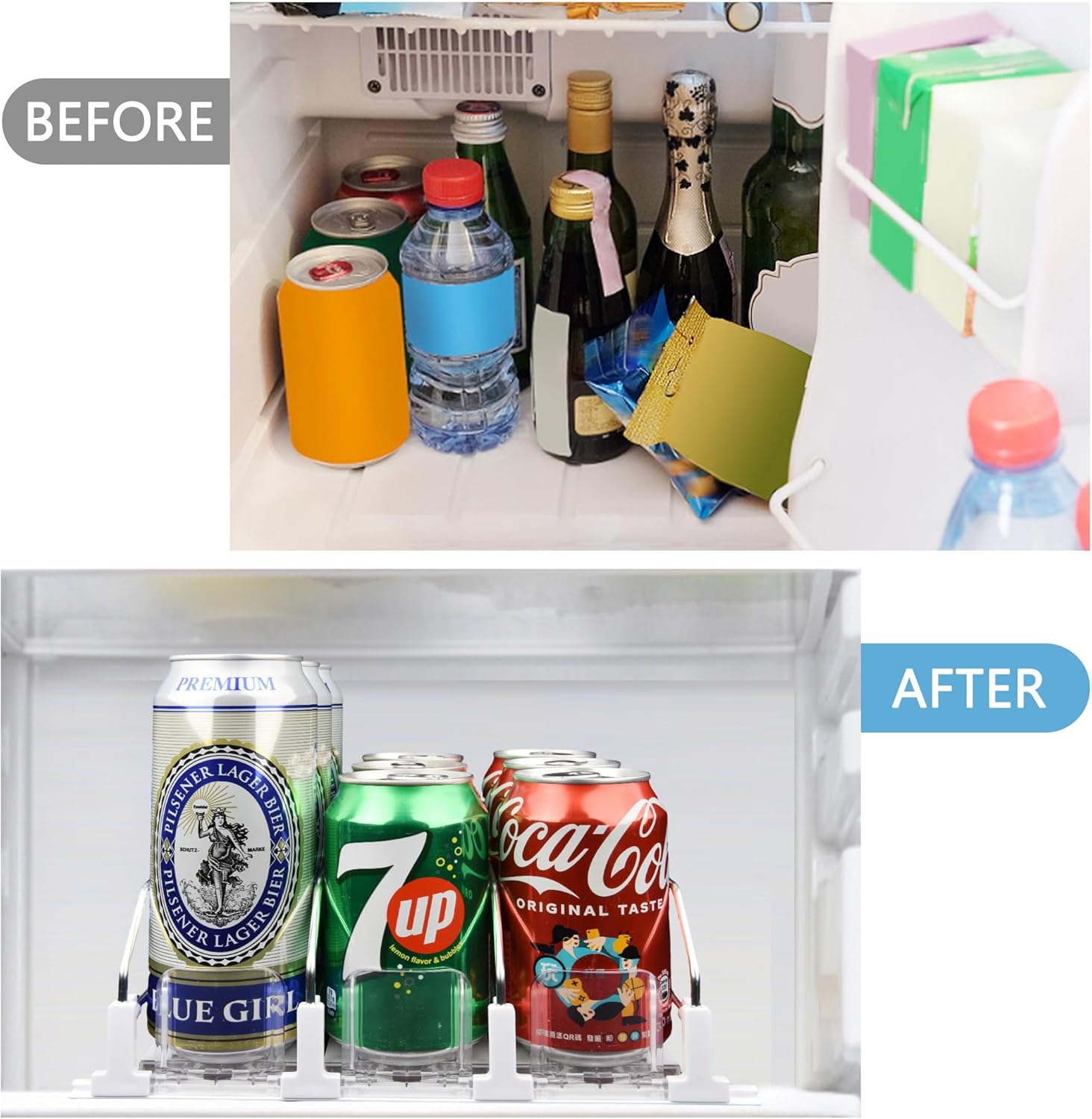 Dispensador de latas de soda para refrigerador, estante deslizante de ancho ajustable, organizador de bebidas para refrigerador, gran capacidad de