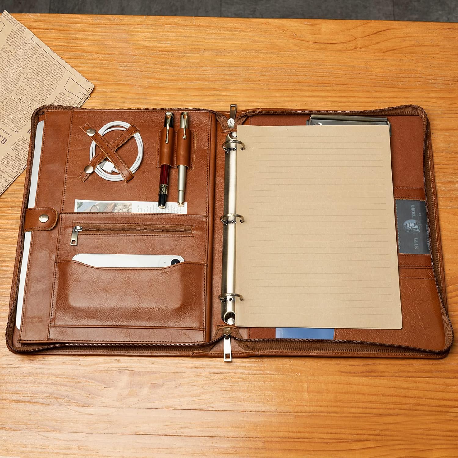 YIWEN Cartera de cuero genuino hecha a mano, con cremallera y carpeta de 3 anillos, organizador profesional de negocios, carpeta de currículum,