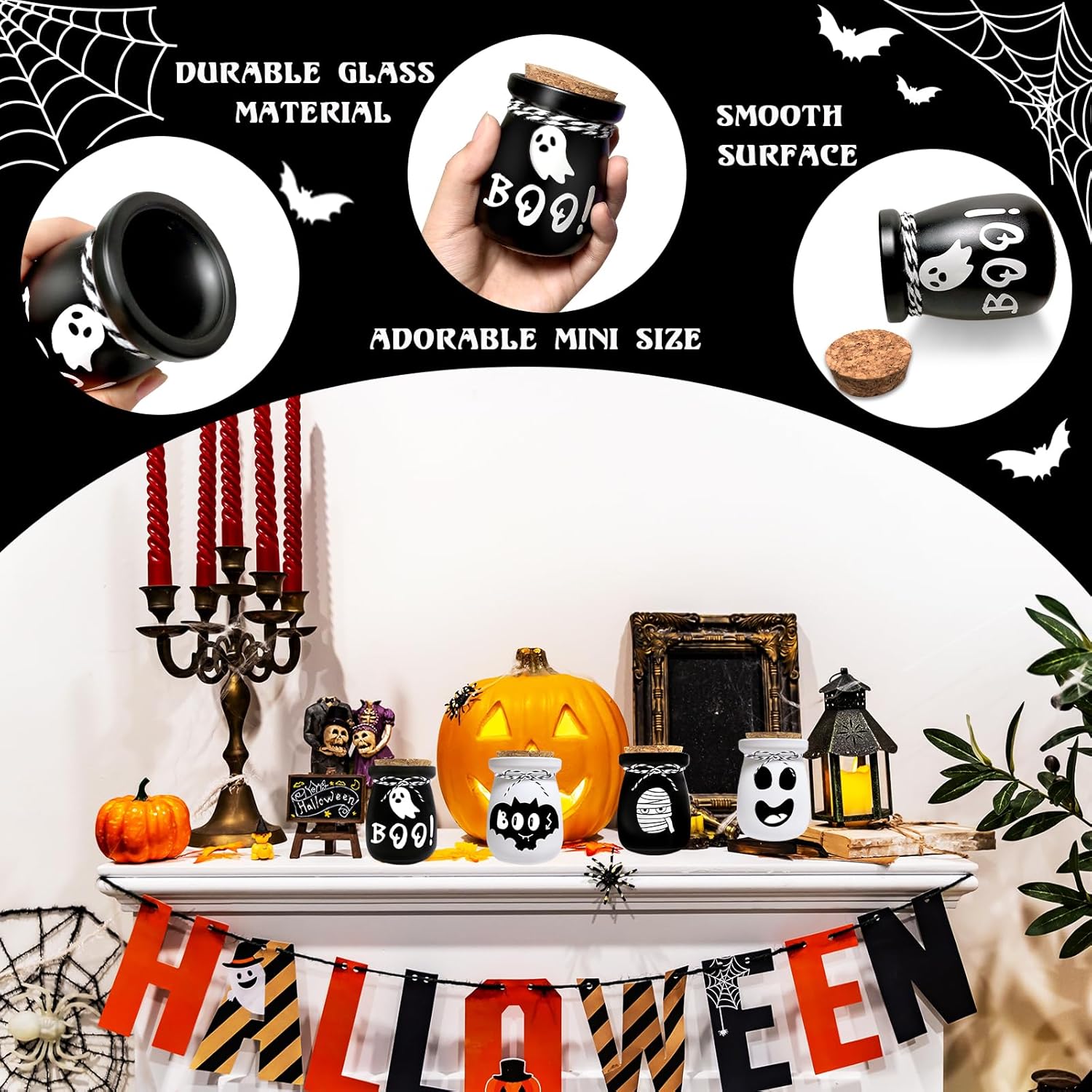 Decoraciones de Halloween para interiores, 6 botellas de poción para decoración de Halloween, mini tarros de Halloween con fantasma, murciélago,