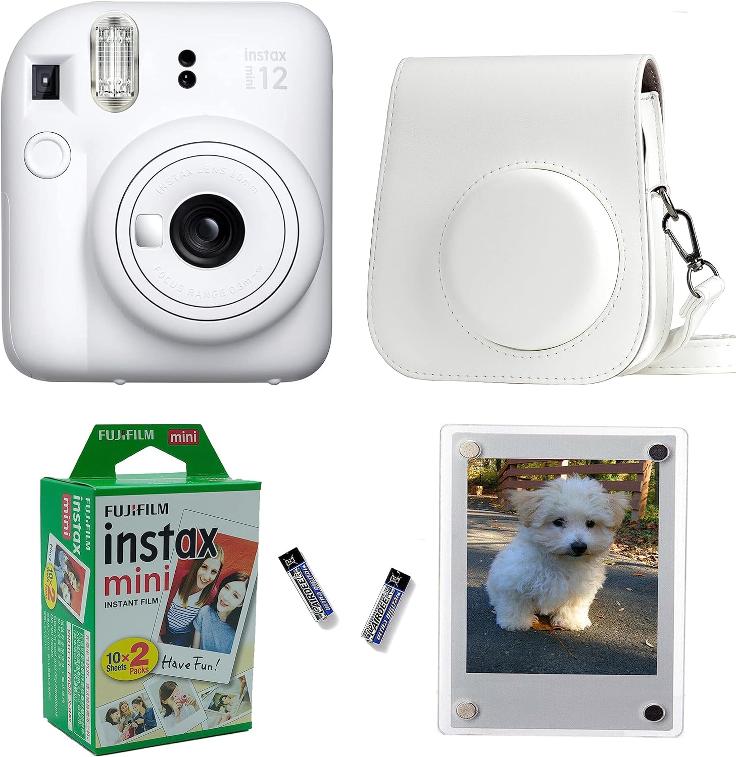 Fujifilm Cámara instantánea Instax Mini 12 + funda protectora de diseño profesional y marcos magnéticos Lucite, 20 hojas (blanco arcilla)