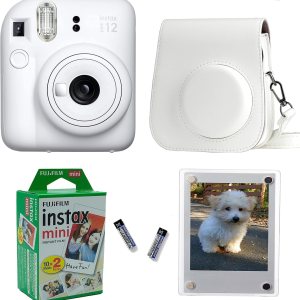 Fujifilm Cámara instantánea Instax Mini 12 + funda protectora de diseño profesional y marcos magnéticos Lucite, 20 hojas (blanco arcilla) Fujifilm Cámara instantánea Instax Mini 12 + funda protectora de diseño profesional y marcos magnéticos Lucite, 20 hojas (blanco arcilla)