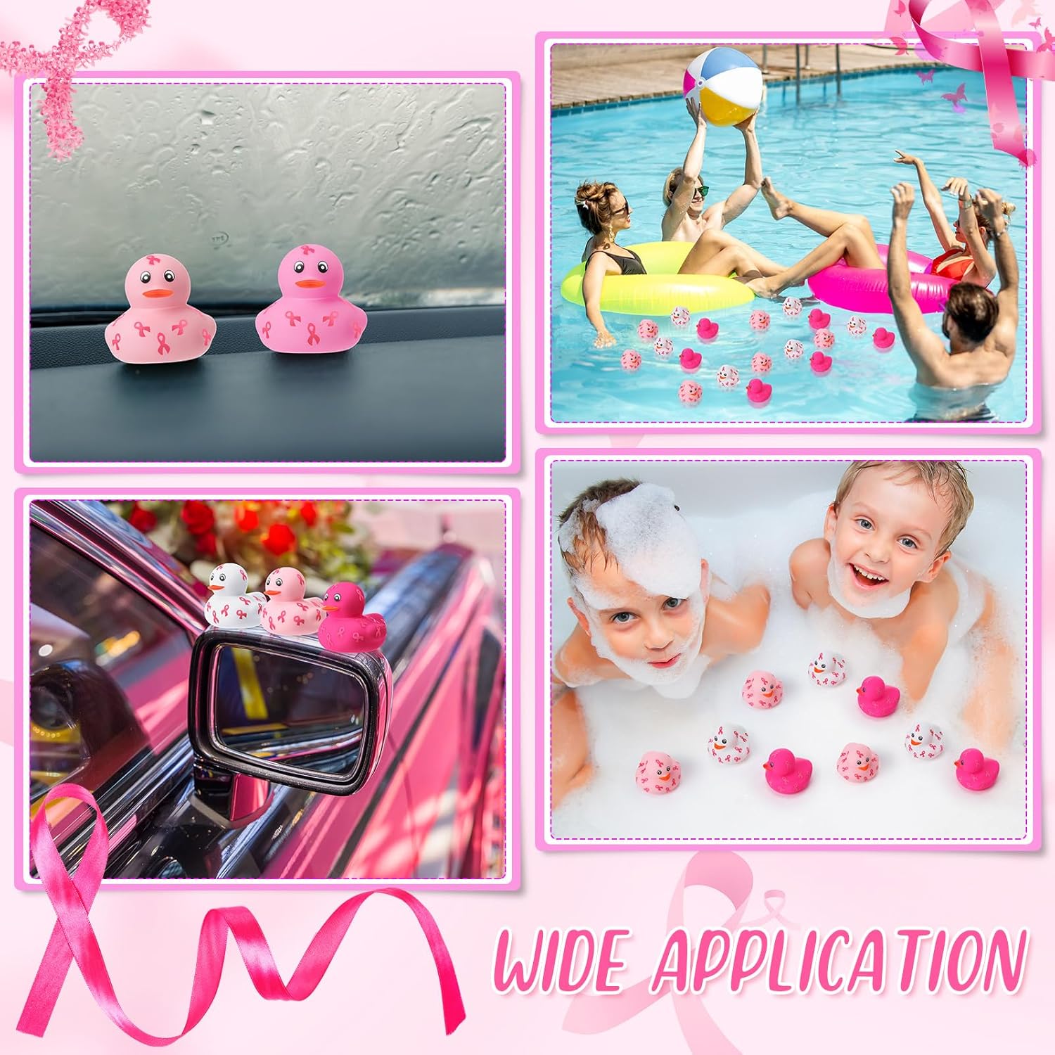 24 piezas de pato de goma rosa de 2 pulgadas, mini patos de baño con cinta rosa, 4 colores para concientización sobre el cáncer de mama, juguete de