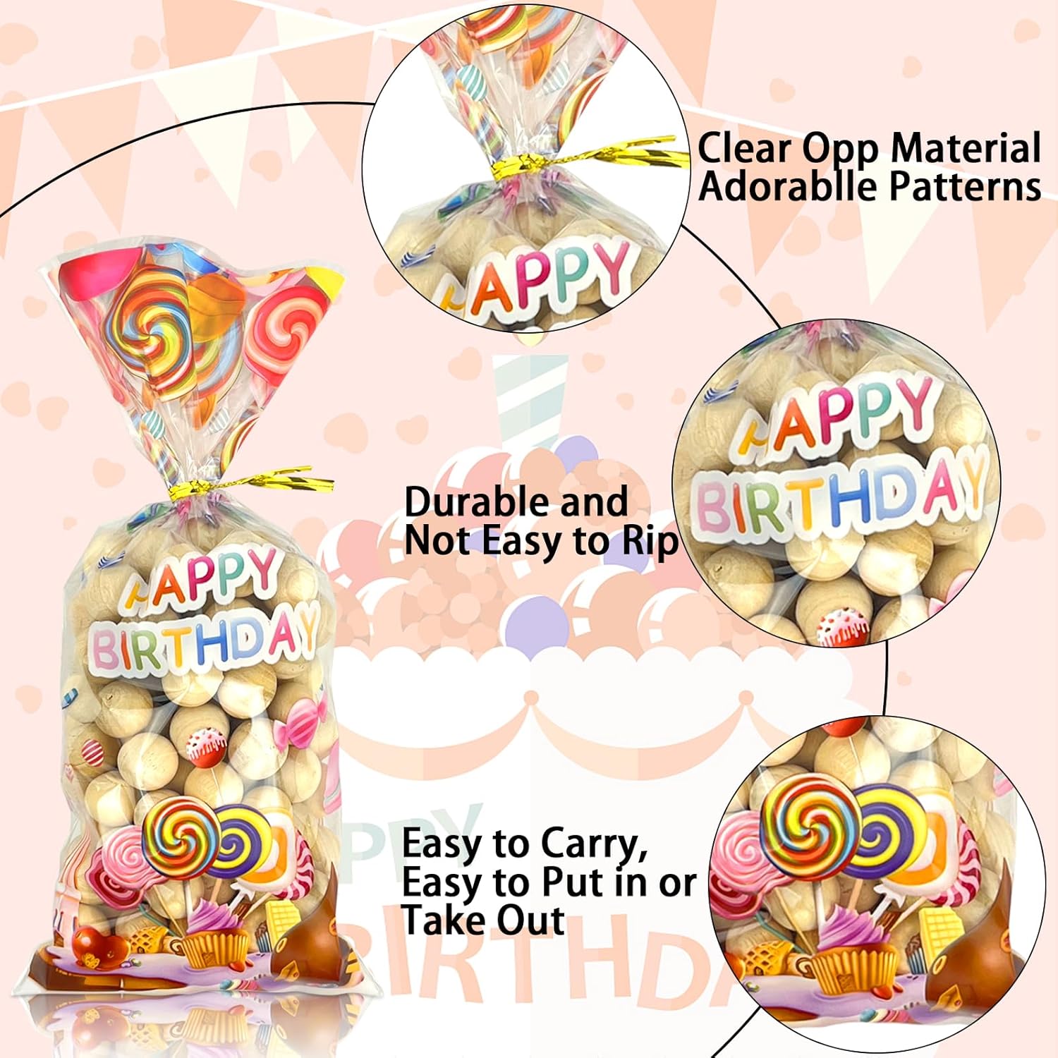 Paquete de 100 bolsas de celofán de cumpleaños para baby shower, bolsas de regalo con 100 lazos dorados para cumpleaños, baby showers, suministros
