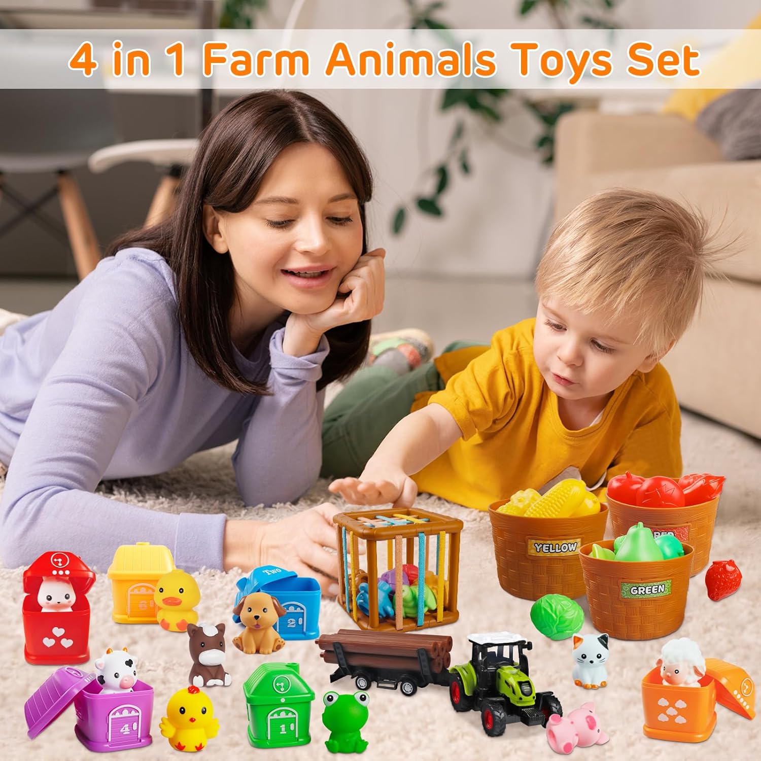 TingingYuli Juguetes Montessori para niños de 1, 2, 3 años, 4 en 1, animales de granja, juguetes de granero para niños pequeños de 1 a 3 años, juego
