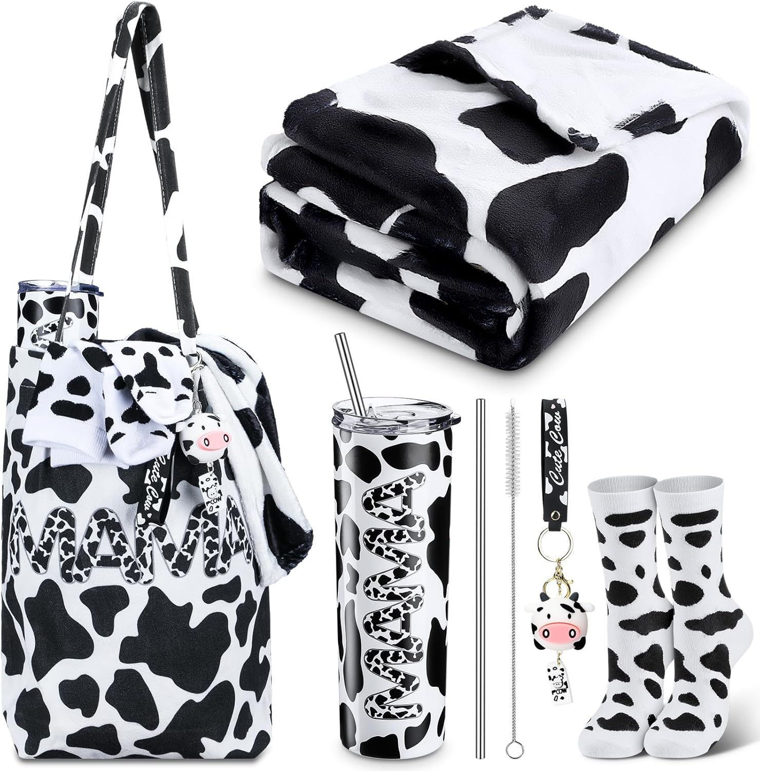 Juego de 5 regalos de vaca para mujeres y madres, incluyendo vaso de acero inoxidable con patrón de vaca de 20 onzas con tapa, pajita, bolsa de mano