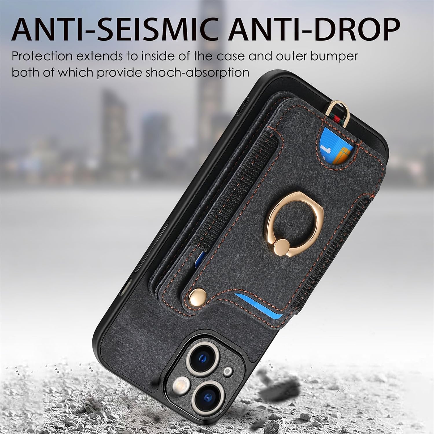 Asuwish Funda de teléfono para iPhone 15 de 6.1 pulgadas con protector de pantalla de vidrio templado y correa para la muñeca, soporte para tarjeta