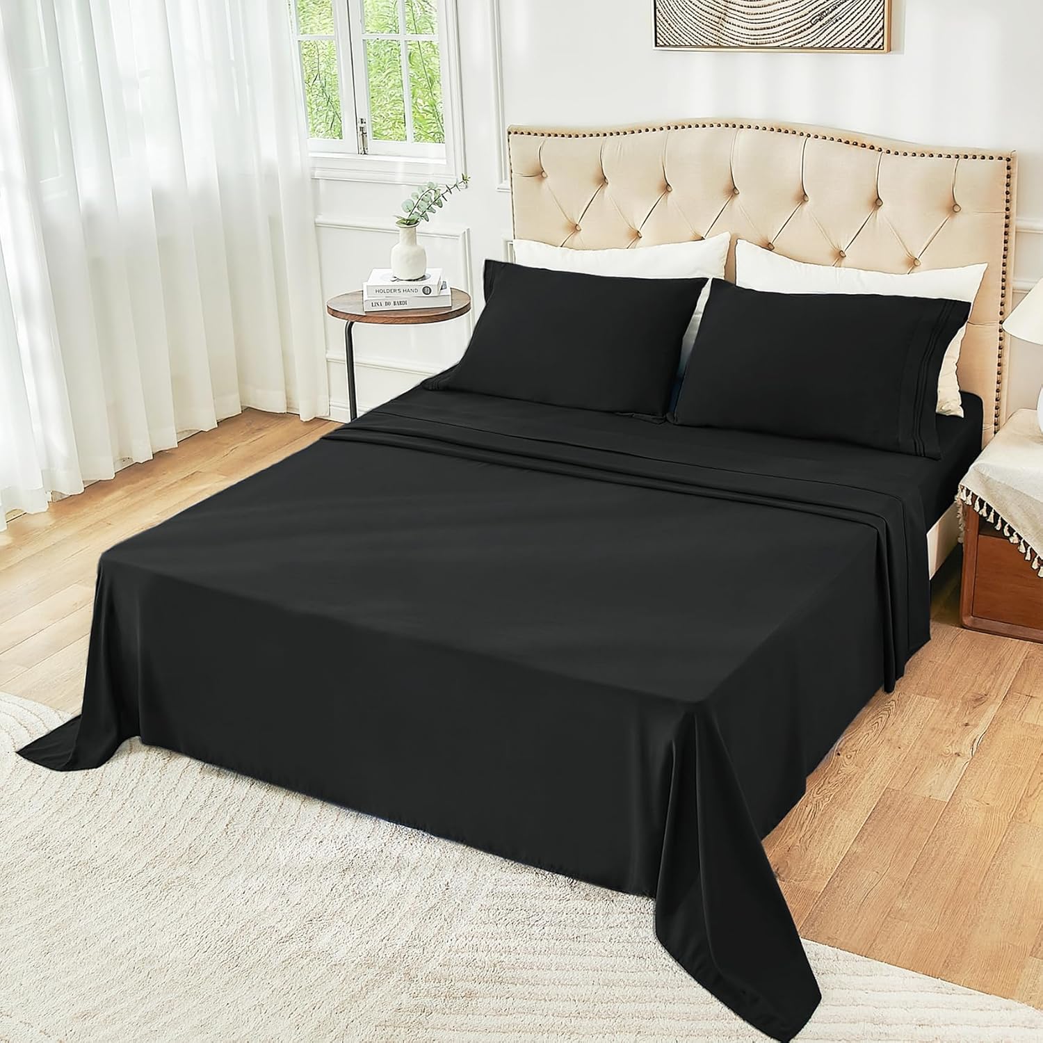 Juego de sábanas negras de tamaño matrimonial, juego de sábanas bajeras y fundas de almohada de bolsillo profundo, 4 piezas de microfibra de