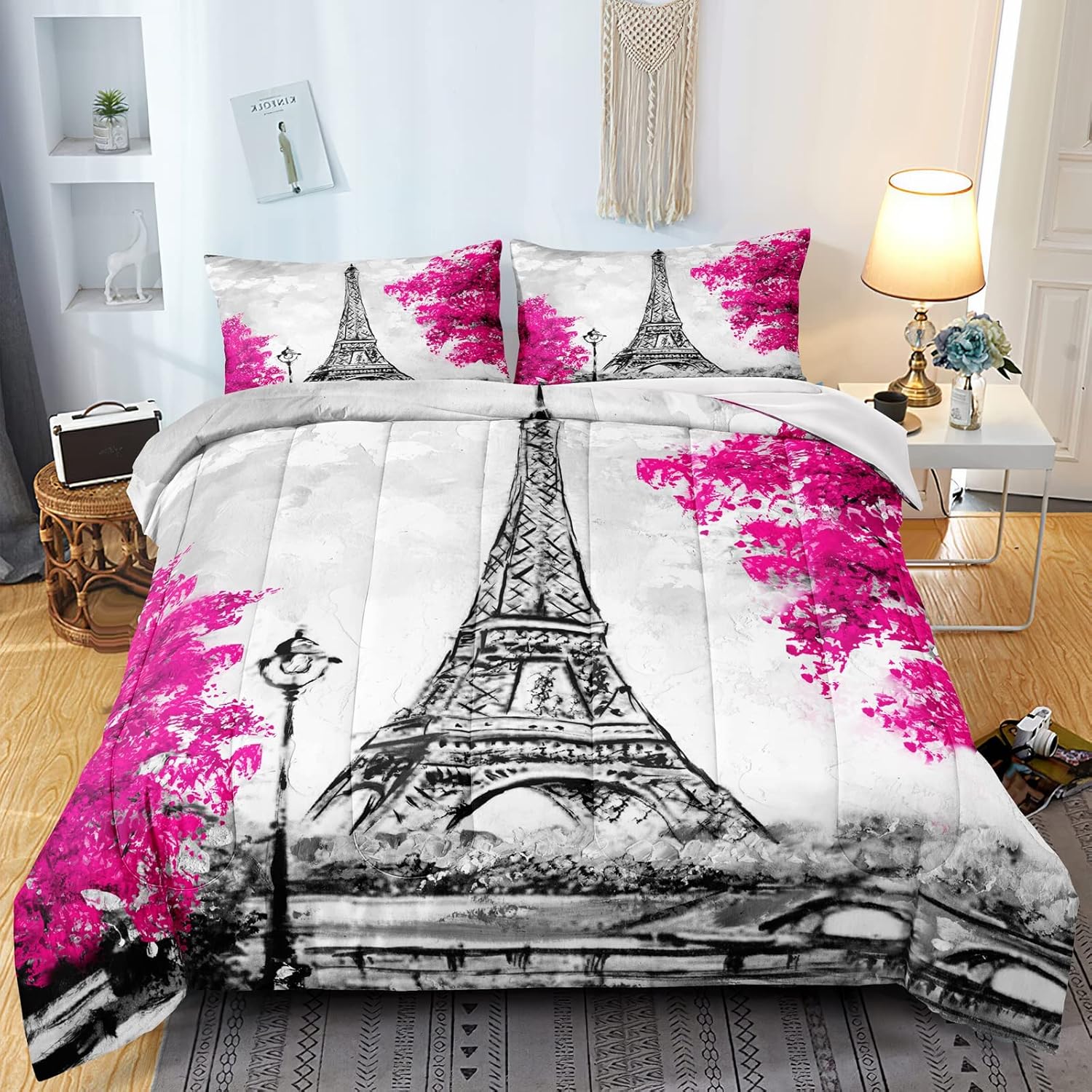 Juego de edredón de la Torre Eiffel, tamaño matrimonial, juegos de ropa de cama de París para niñas, parejas, estilo Francia, París, Torre Eiffel,