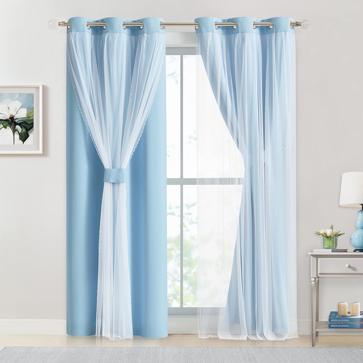Cortinas 90% opacas de color azul cielo con superposición transparente, mezcla y combinación, paneles de ventana de doble capa con aislamiento