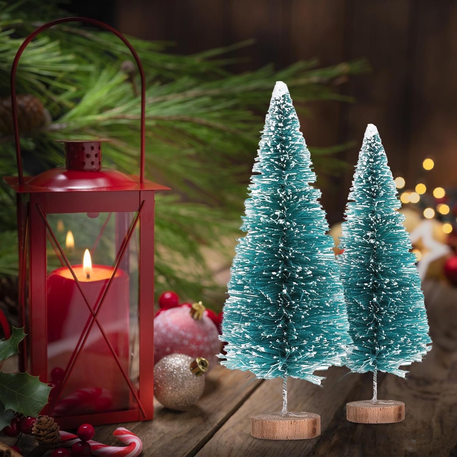8 piezas de mini árbol de Navidad, pequeños árboles de Navidad artificiales con base de madera, árboles de cepillo para botellas, colores surtidos