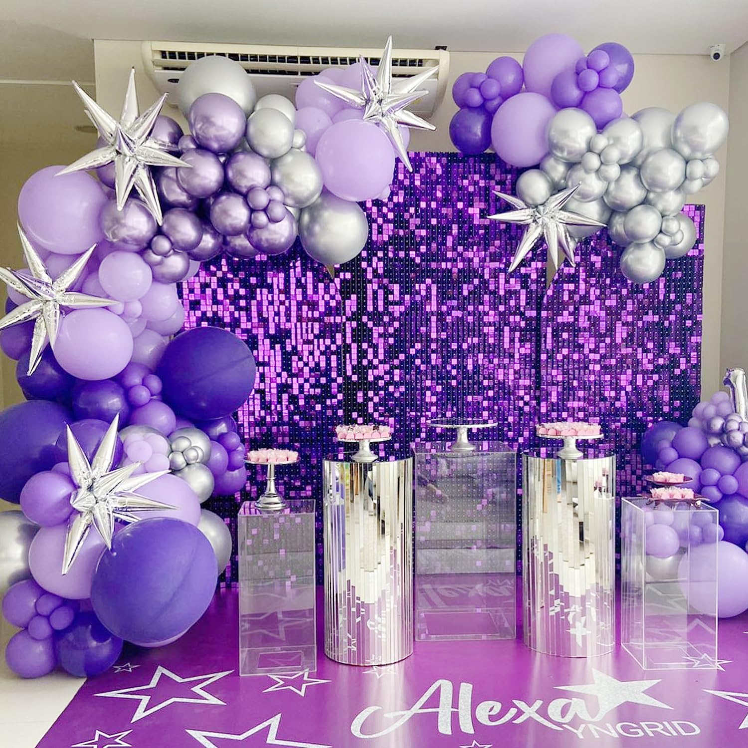 Fondo de pared con brillo morado, 24 paneles cuadrados de lentejuelas brillantes, fondos de fotos para cumpleaños, aniversario, boda, graduación y