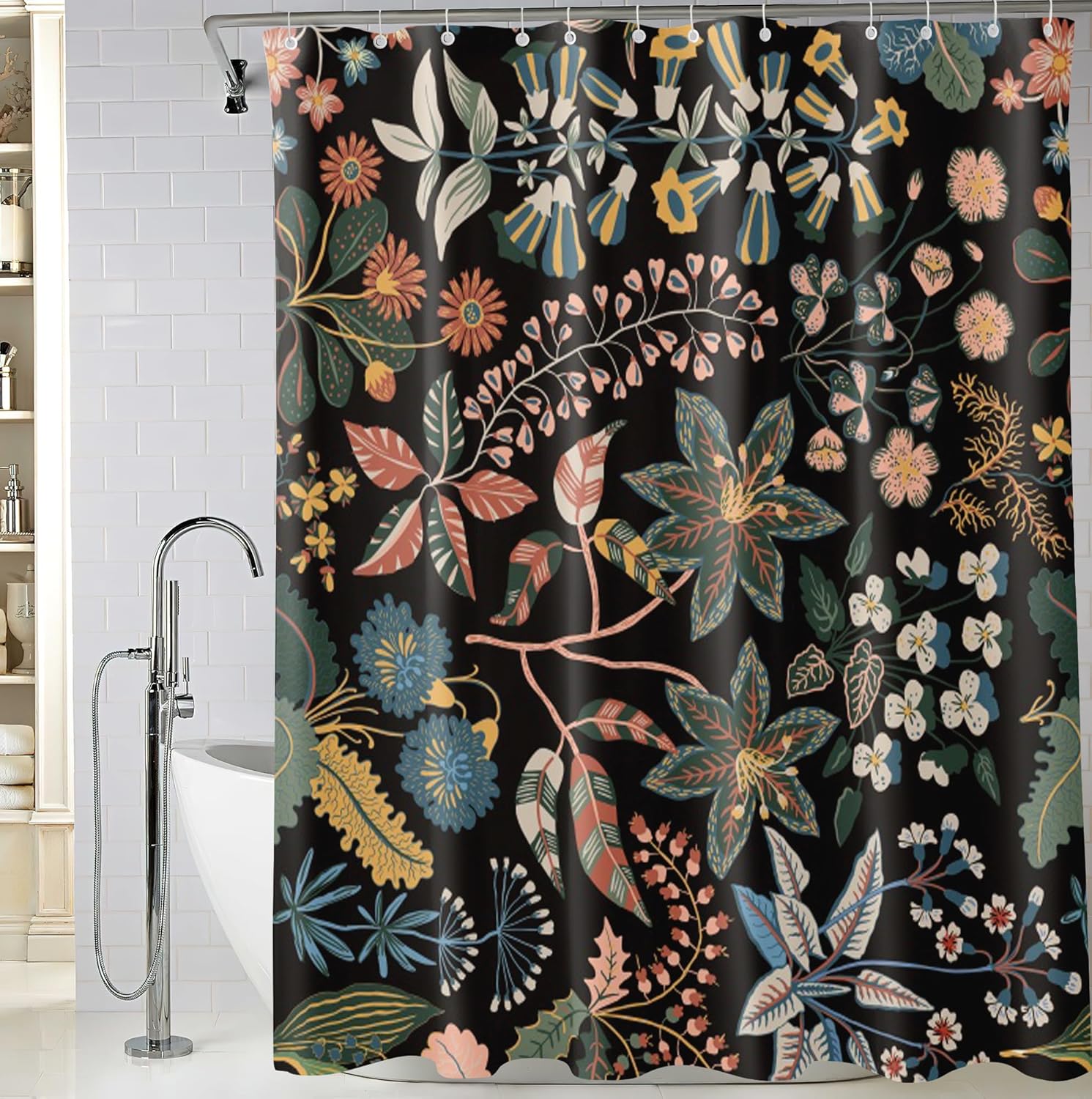Cortina de ducha bohemia con flores silvestres, cortina de ducha impermeable de tela con 12 ganchos, 72 x 72 pulgadas