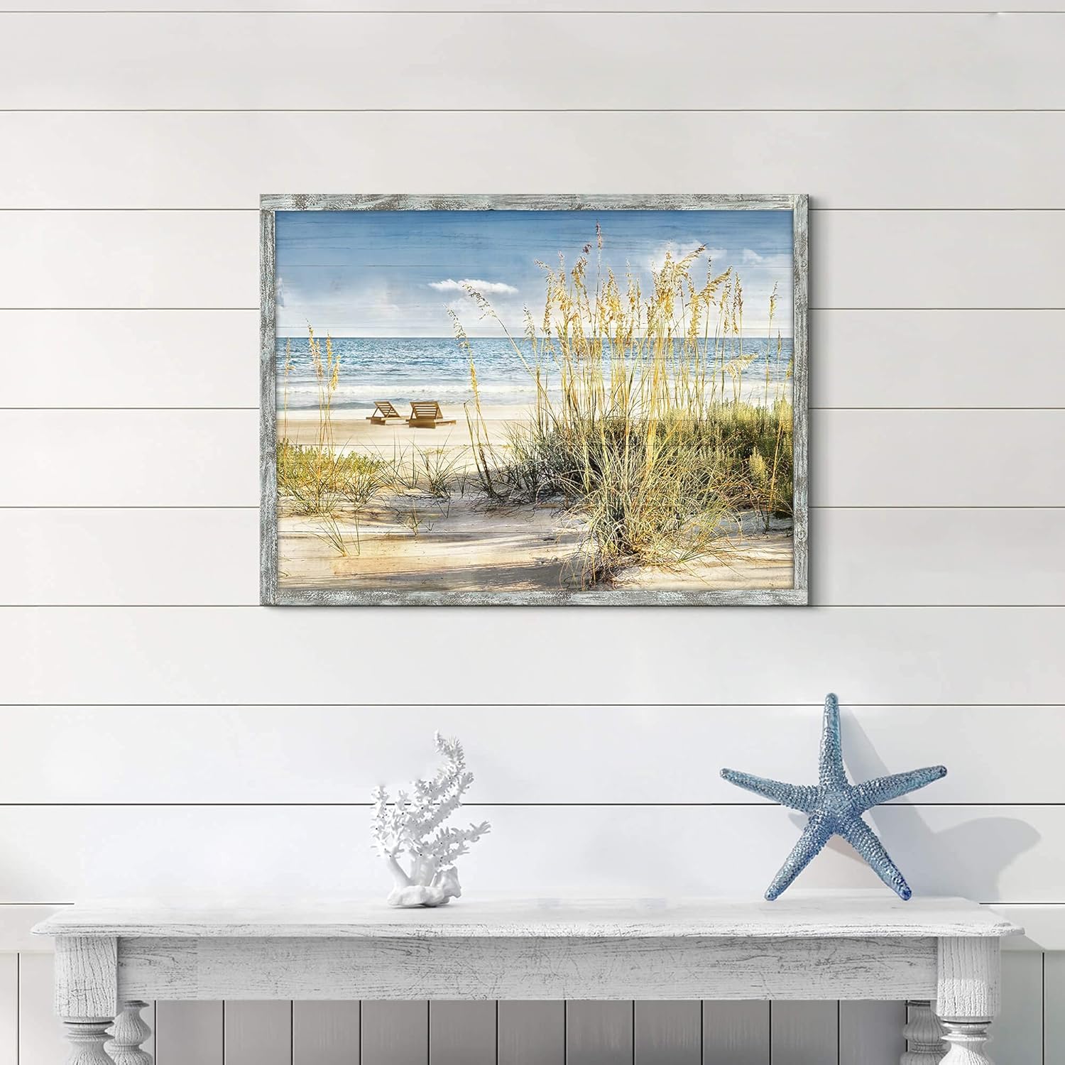 Cuadro de playa de madera enmarcado arte de pared costero, paisaje marino, decoración de pared de escena oceánica, impresiones artísticas para