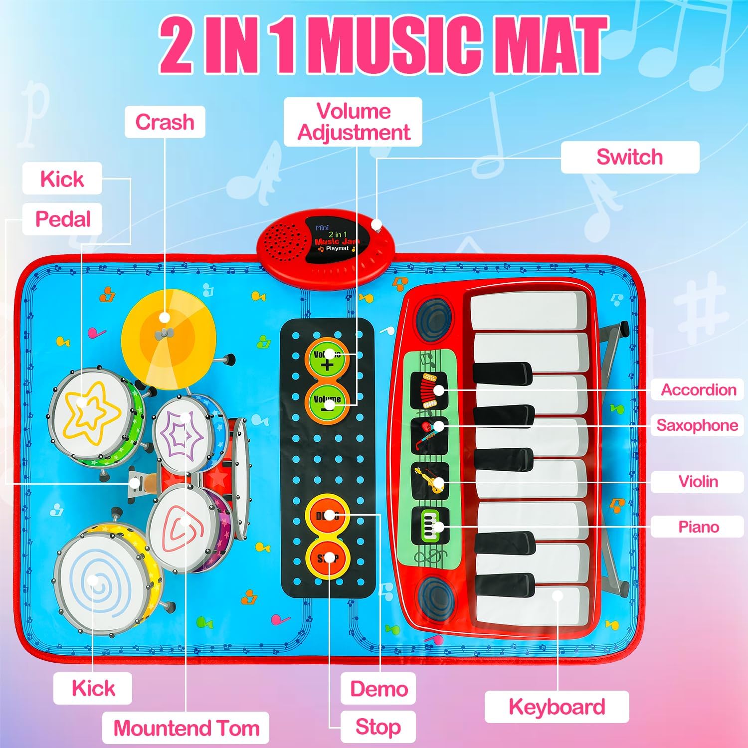 Regalo de cumpleaños para niño de 1 año, tapete de música para niños pequeños de 1 a 3, juguetes de aprendizaje de música 2 en 1 para bebés de 1 a 3