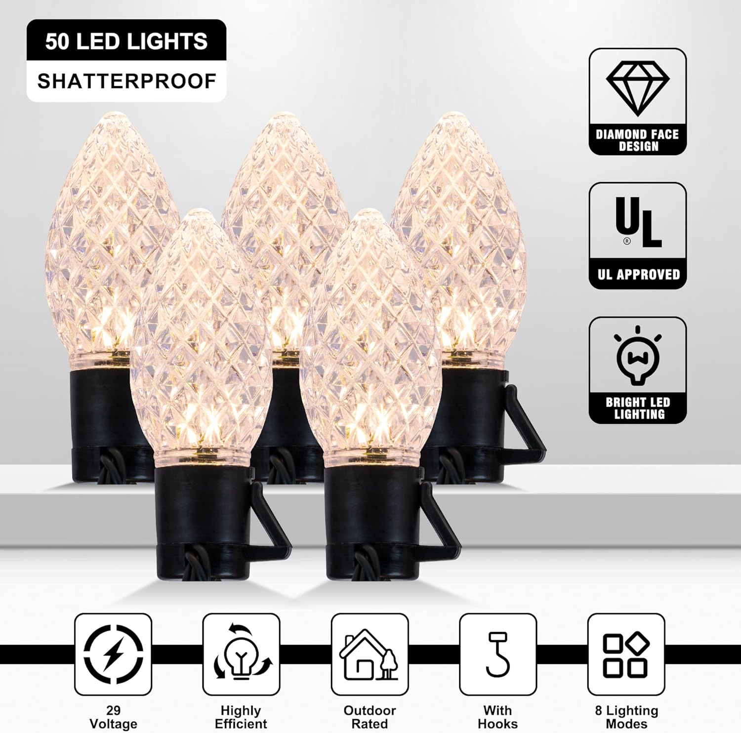 Pellimo C9 – Juego de 50 luces LED blancas de Navidad de 33 pies para interiores y exteriores, luces de Navidad para jardín, patio, fiesta,