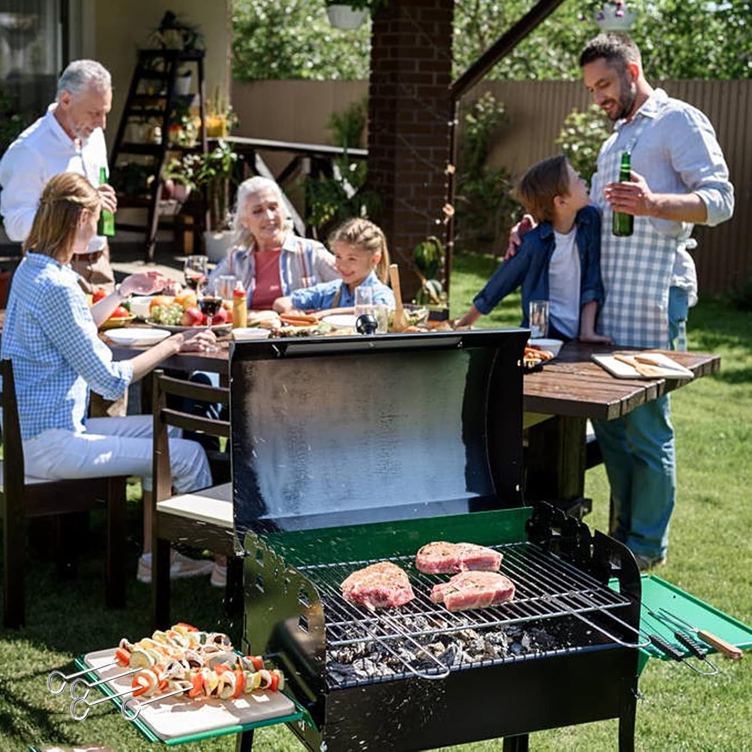 Brochetas de metal para asar a la parrilla, brochetas para brochetas de acero inoxidable de 14 pulgadas con asas de anillo, pinchos de metal,