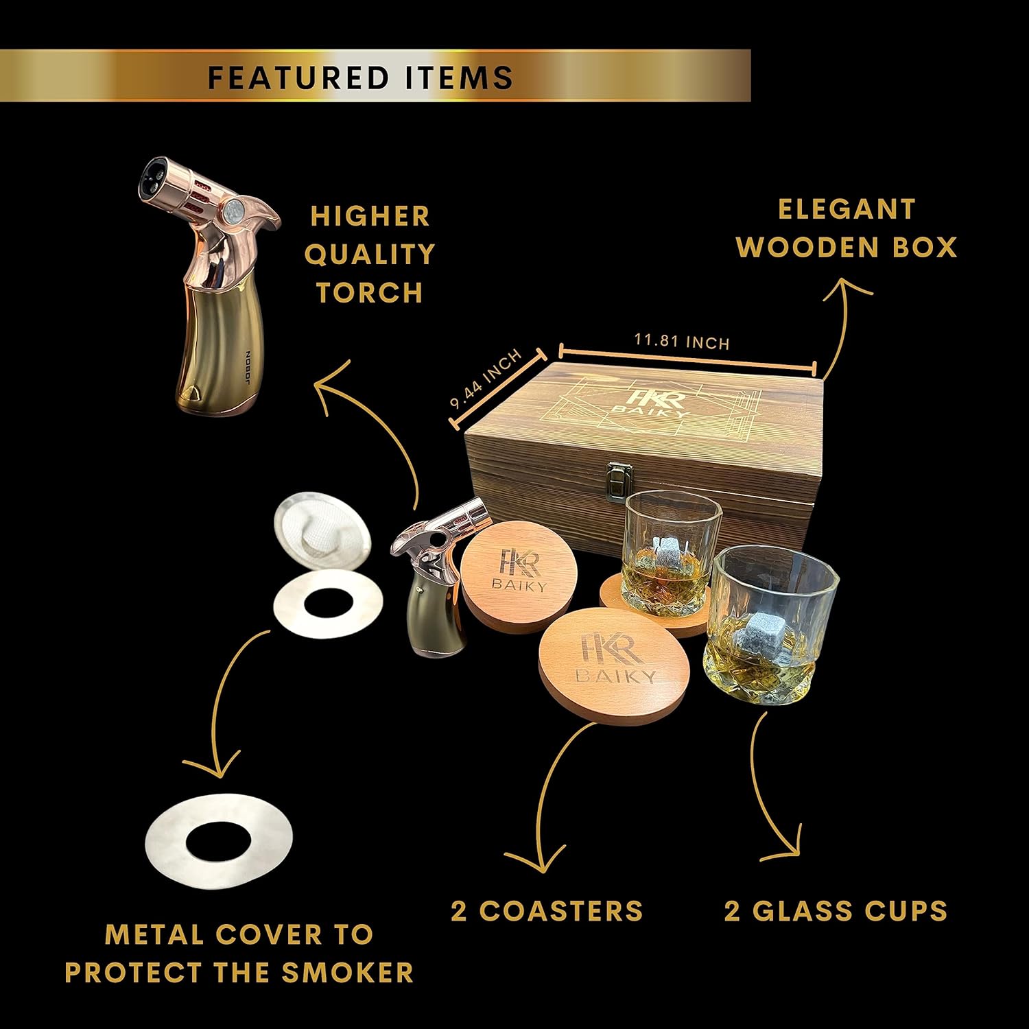 Kit de ahumador de cóctel con antorcha – Kit de ahumador antiguo – Gama de sabores – Versátil – 2 tazas de vidrio – 2 posavasos – Piedra de whisky –