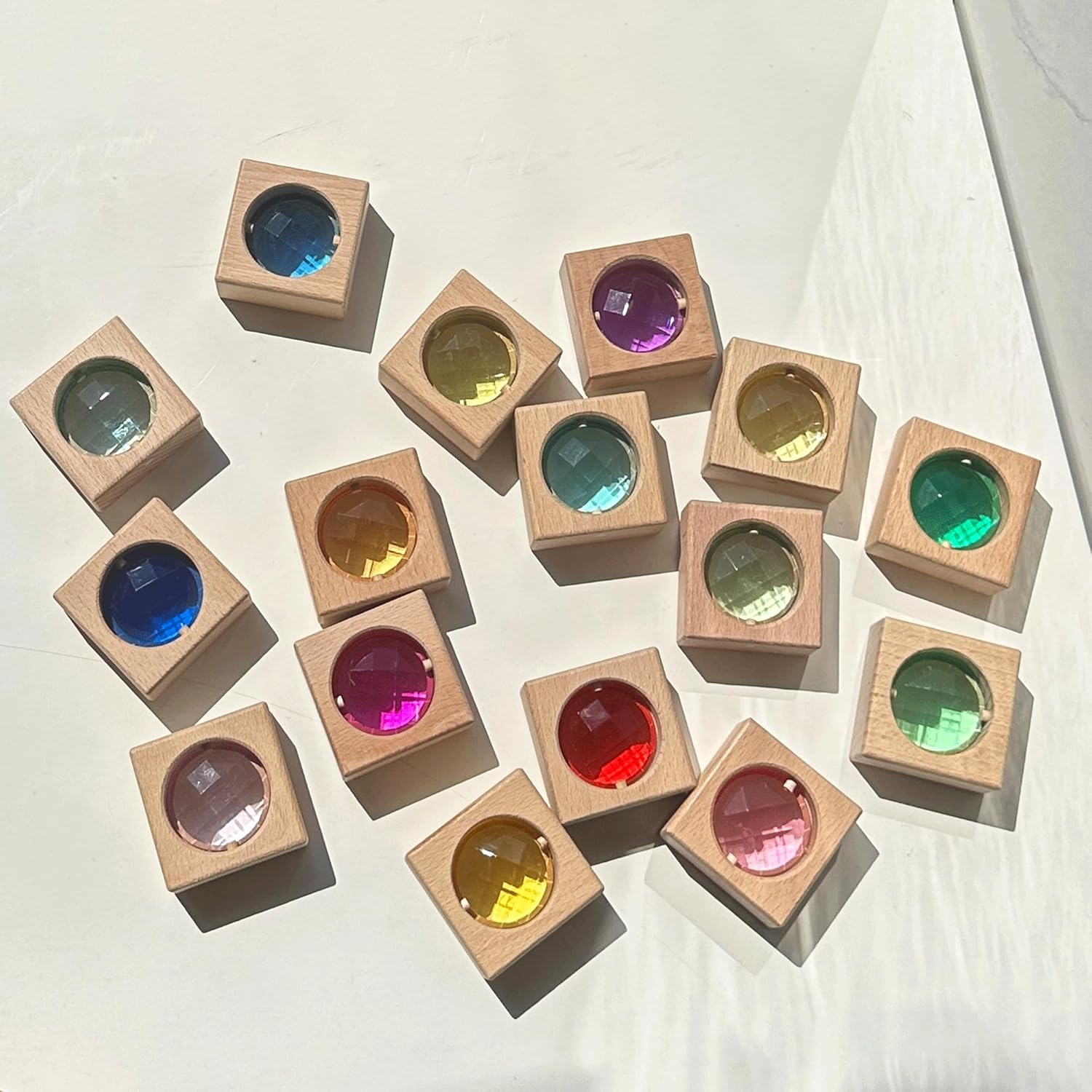 16 bloques de gemas de madera acrílica, juguetes apilables de madera coloridos acrílicos brillantes, juguetes educativos Montessori de madera de