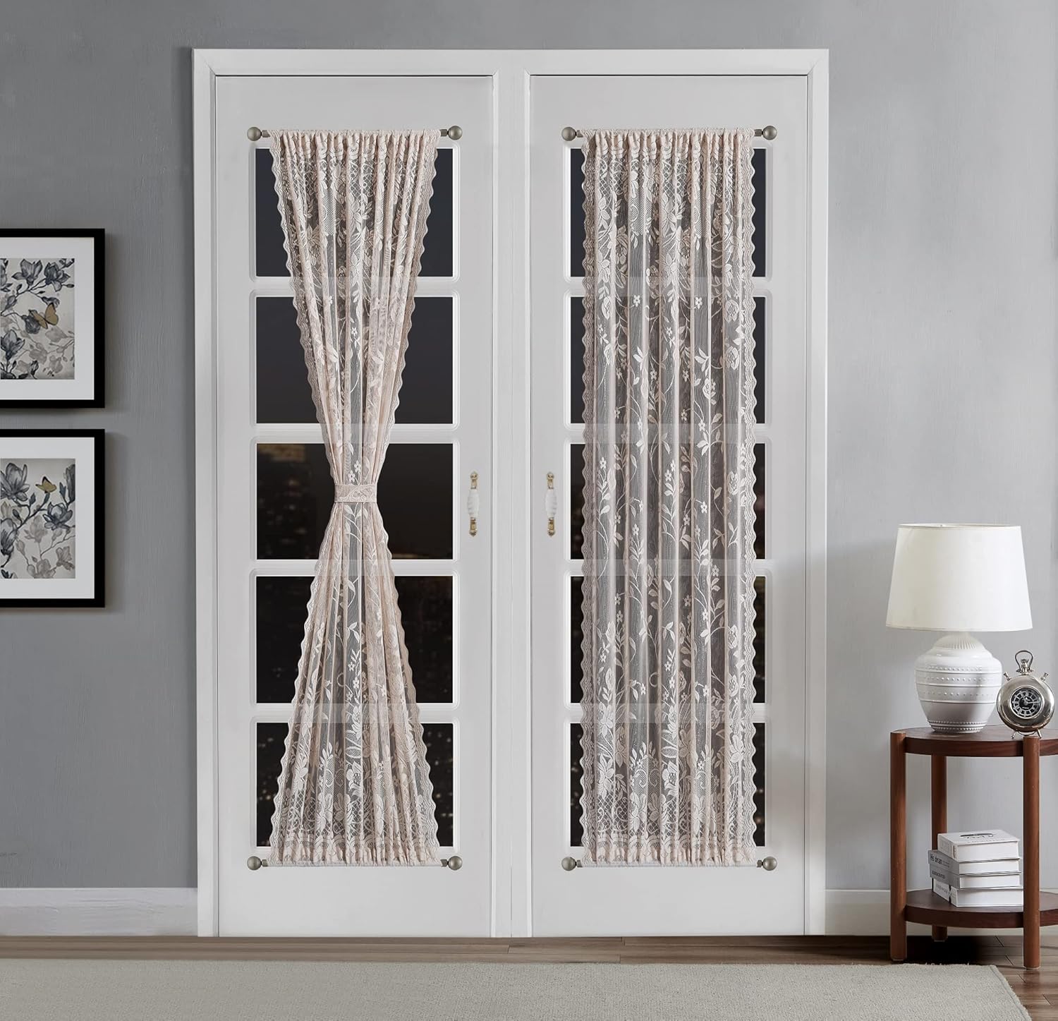 LinenZone Cortinas de lino dorado para puerta francesa con elegante diseño floral. Cada par de 2 cortinas de 30 x 72 pulgadas de largo vienen con 2
