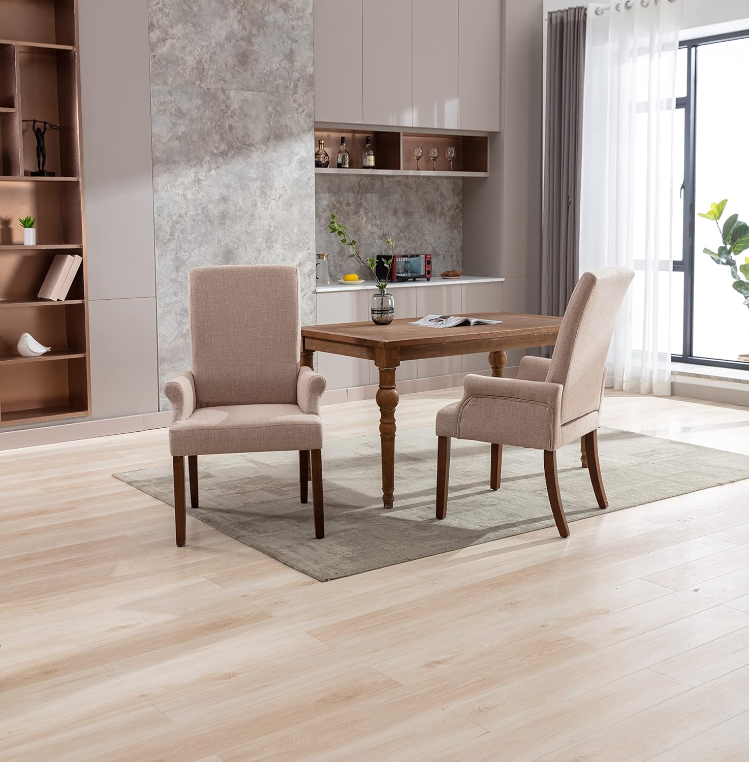 Restworld Sillas de comedor con brazos, tapizado capitoné con respaldo alto, ribete clavado con patas de madera de roble Untique para cocina,