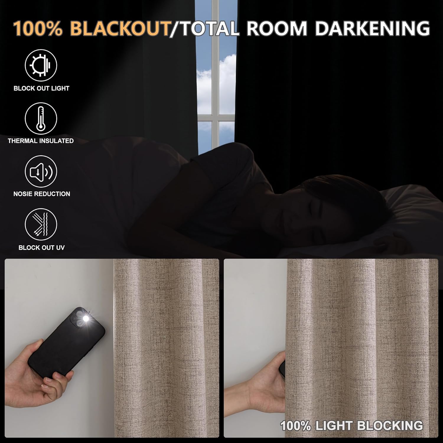 Cortinas 100% opacas de 90 pulgadas de largo, cortinas y cortinas con aislamiento térmico de lino para dormitoriosala de estar, bolsillo para