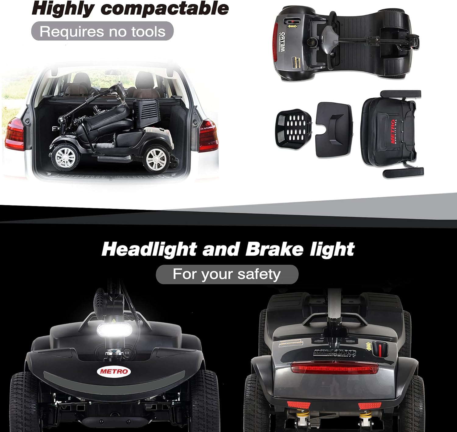 Metro Mobility Patineta para adultospersonas mayores, 4 ruedas eléctricas, motorizadas, con 2 baterías desmontables de plomo-ácido con cargador,