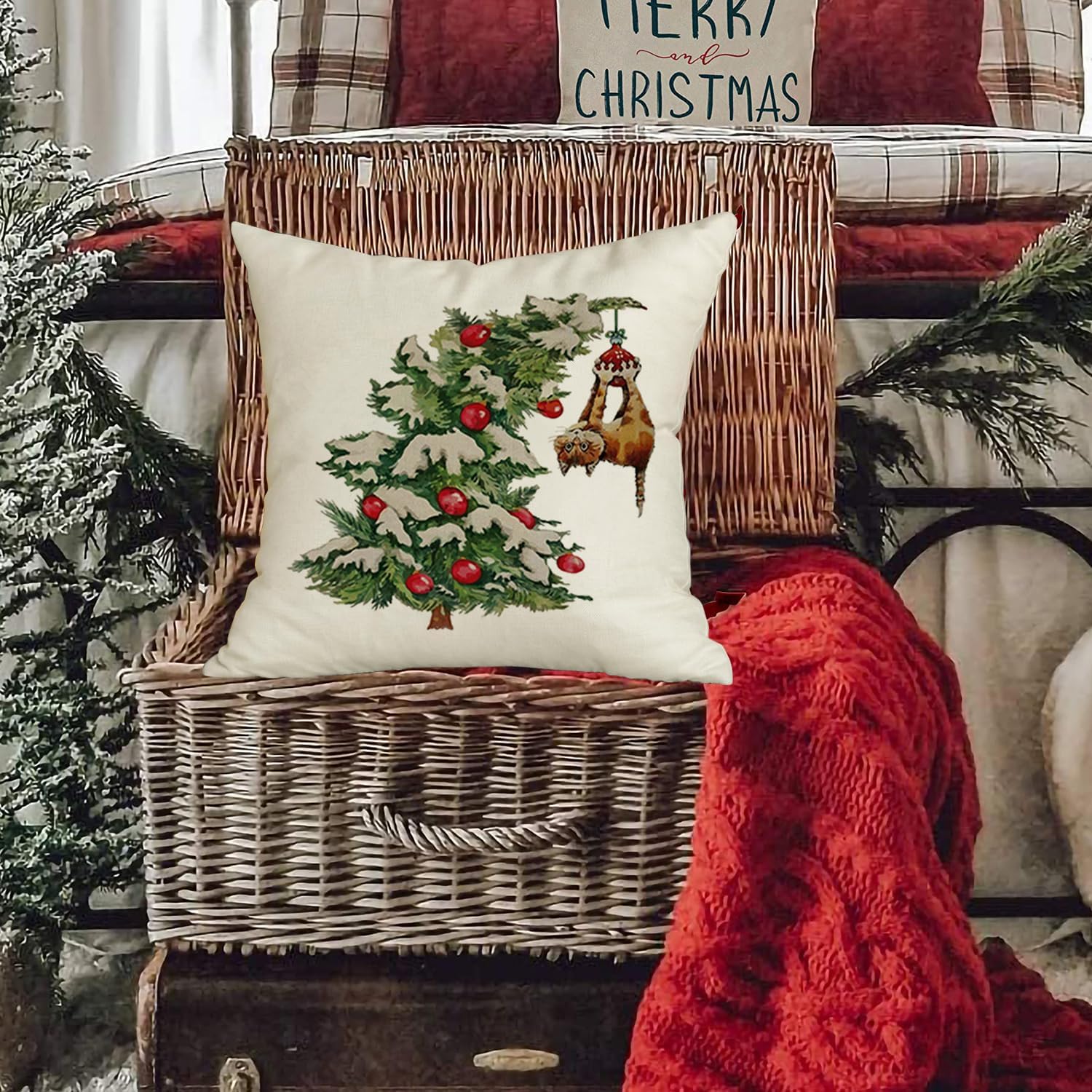 RABUSOFA Fundas de almohada de Navidad de 18 x 18 pulgadas, decoraciones de árbol de Navidad, fundas de almohada decorativas, fundas de cojín de
