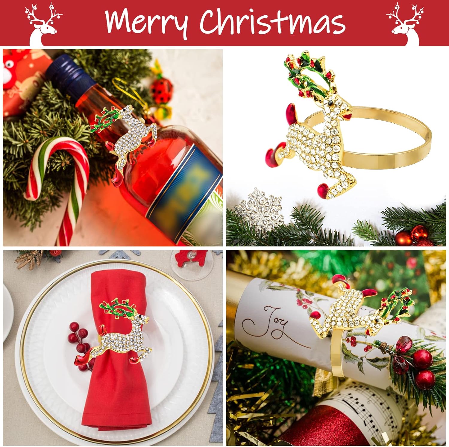 Legigo Juego de 12 servilleteros de ciervo de Navidad – Servilleteros de Navidad con ciervos de diamantes para servilletas de tela, decoración de