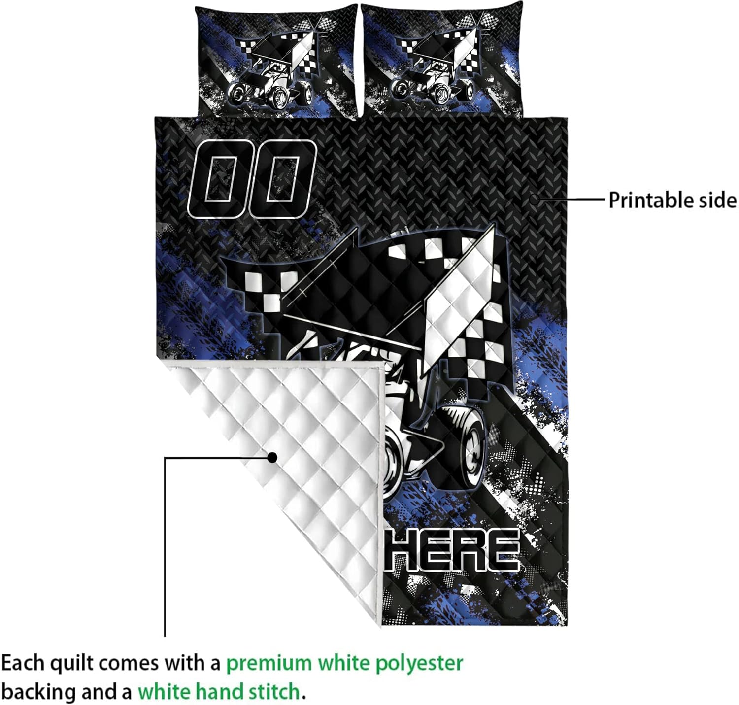 OhaPrints Juego de cama personalizado de carreras, manta y fundas de almohada con bandera de carreras de tierra y fundas de almohada, nombre y