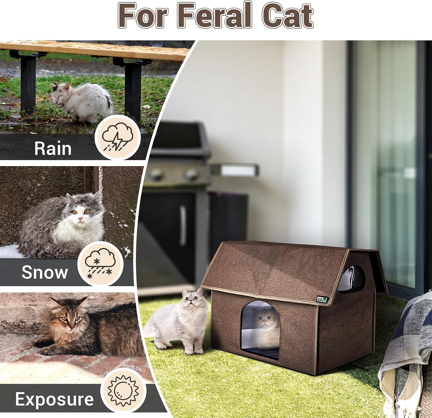 MIU Color Casa para gatos al aire libre, casas grandes mejoradas para gatos en interiores y exteriores, refugio aislado para gatos con alfombrilla