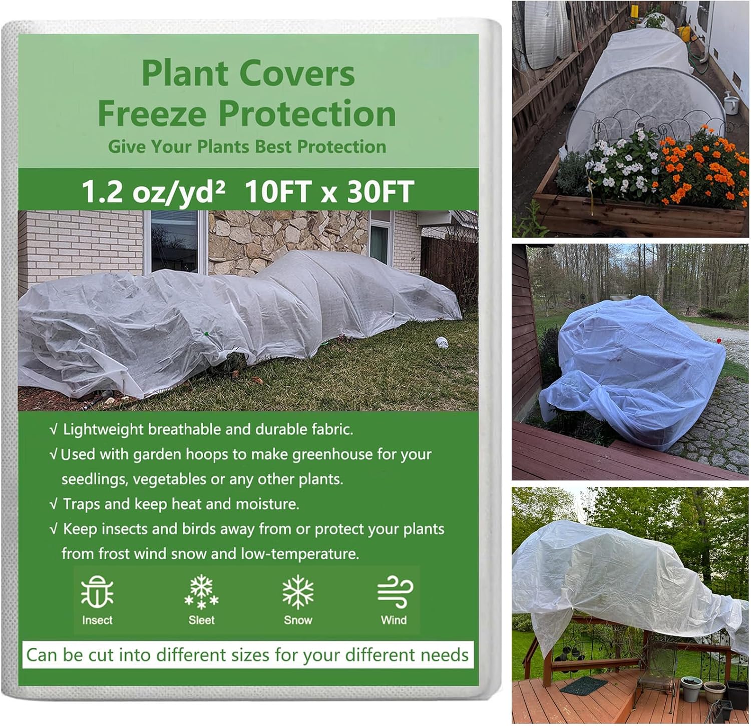 Cubiertas para plantas, protección contra la congelación, 10 pies x 30 pies, 1.2 ozyd, tela de escarcha, mantas de tela flotante para plantas al