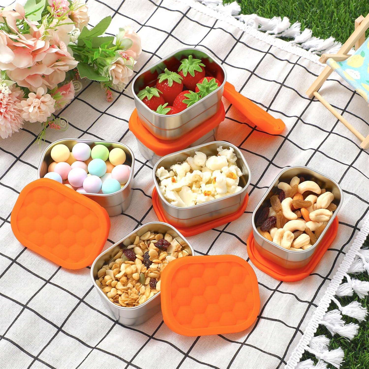 6 recipientes de acero inoxidable para niños, recipientes de alimentos de 8 onzas con tapas de silicona, lonchera de metal portátil reutilizable