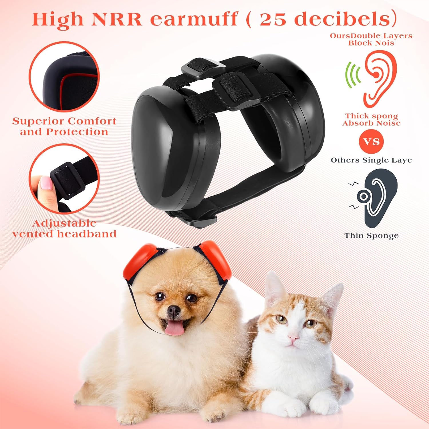 2 orejeras para perro para protección contra el ruido de 25 dB NRR orejeras para perros, auriculares para perros, tapones para los oídos para