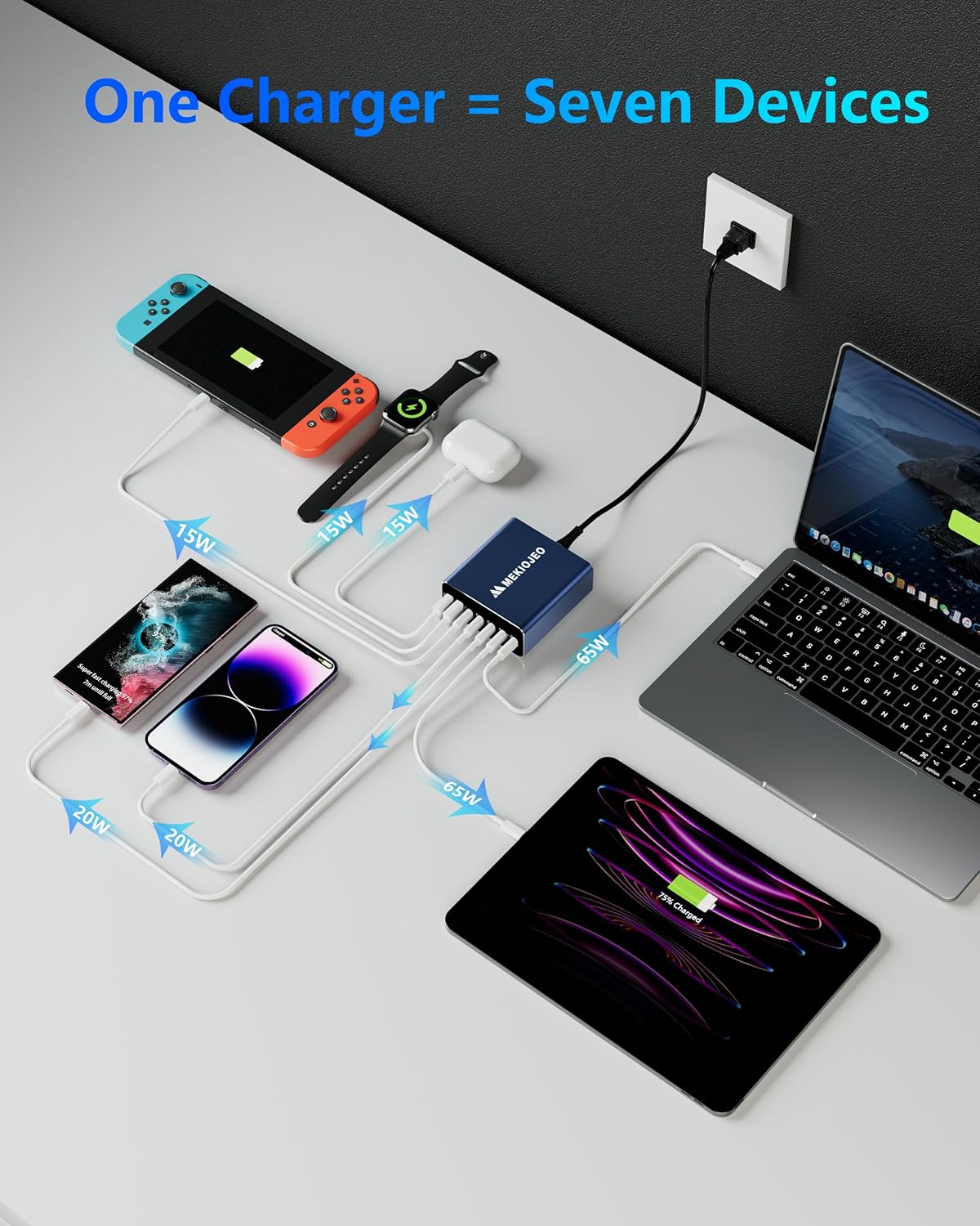 Cargador USB C de aleación de aluminio Cargador GaN Estación de carga rápida USB C 7 puertos 65W Cargador portátil para MacBook ProAiriPad ProiPhone
