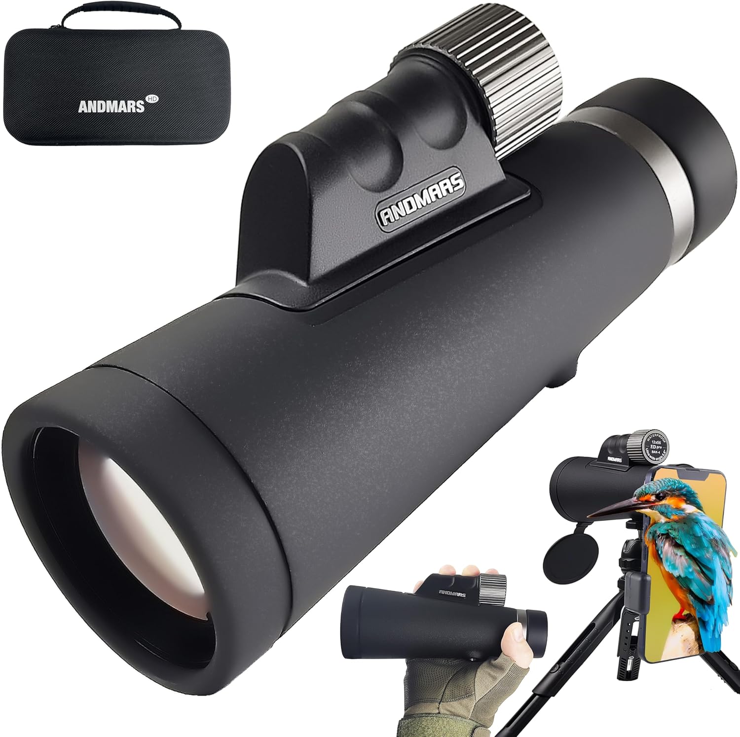 Nuevo monocular Andmars de 12 x 56 ED de alta potencia para adultos. Telescopio impermeable con caja, adaptador de teléfono y trípode. Revestimiento