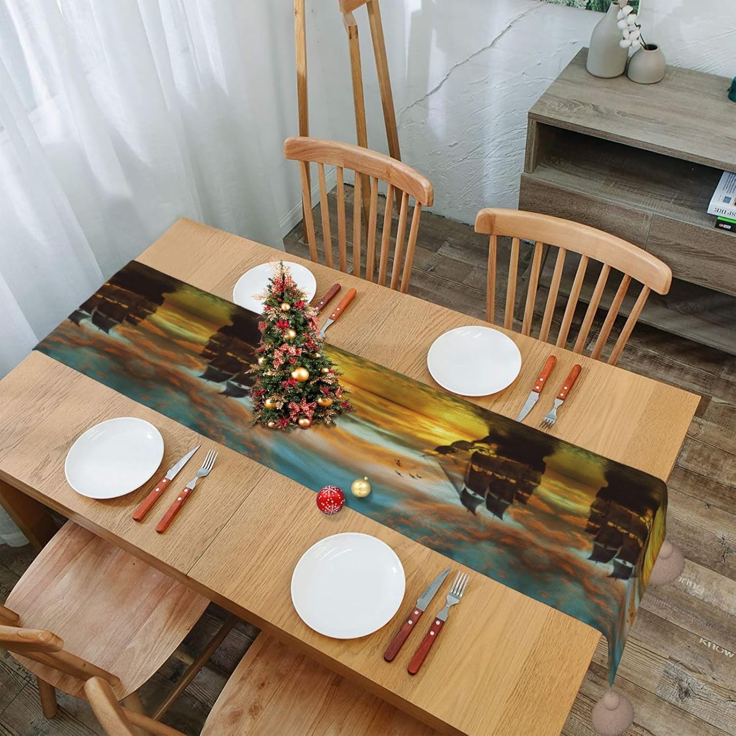 Sailboat Beautiful Landscape Christmas Table Runner Dining Table Decor Christmas Decorations Indoor Home Decor Christmas Table Runners Xmas Navidad