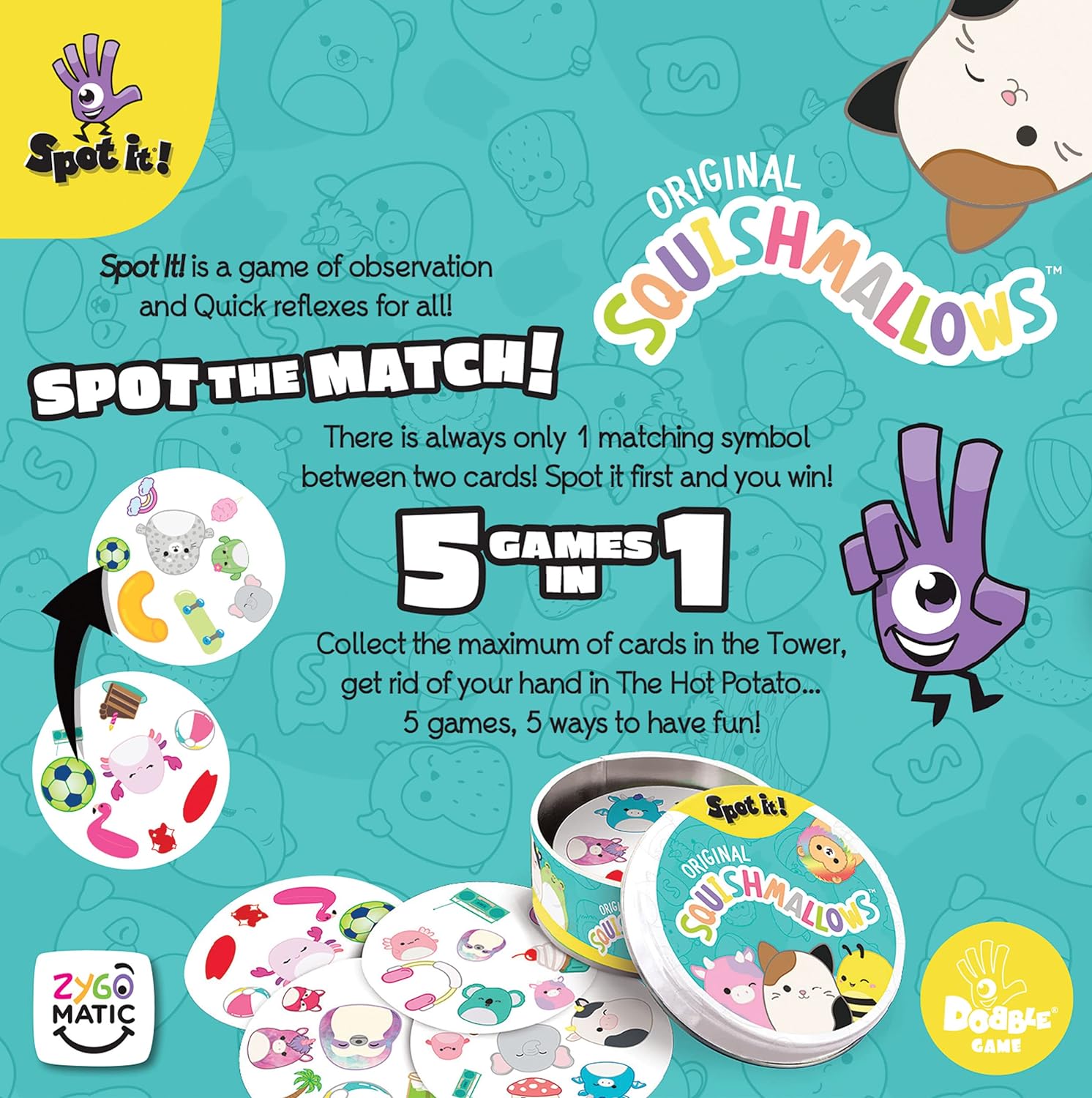 Spot It! Squishmallows – Divertido juego de cartas para niños y adultos  Con Mila, el elefante o Cailey, el cangrejo rosa y más  Juego con licencia