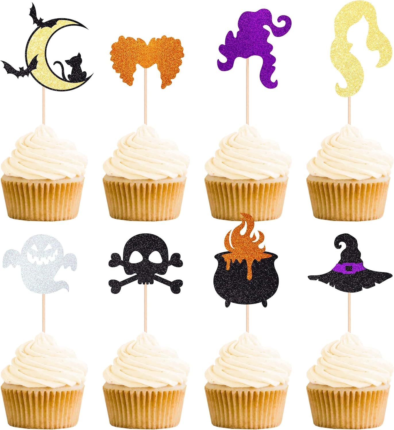 Gexolenu 48 piezas de decoración para cupcakes de Hocus Pocus, con purpurina de doble cara, espeluznante para Halloween, murciélago, fantasma,