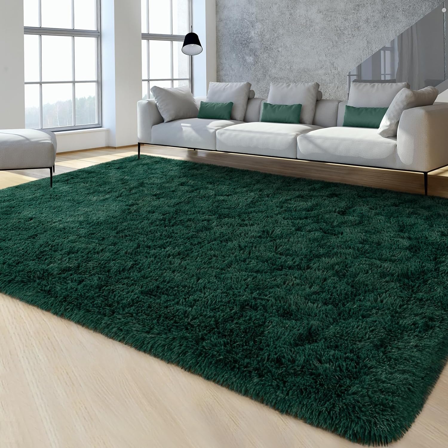 FlyDOIT Alfombras de área grandes para sala de estar, 5 x 8 pies, color verde profundo, alfombras peludas de felpa ultra suave, modernas alfombras