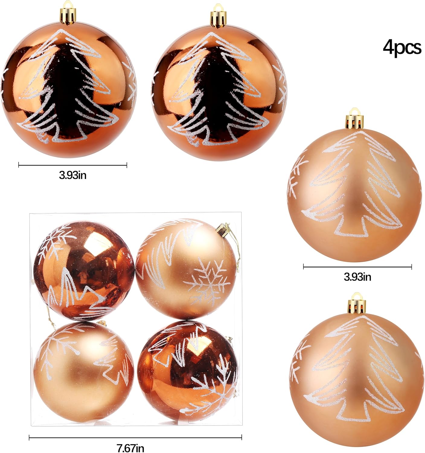 Esferas de adorno de Navidad, bolas de pintura extra grandes, juego de 4 pulgadas para colgar en el árbol (bronce)