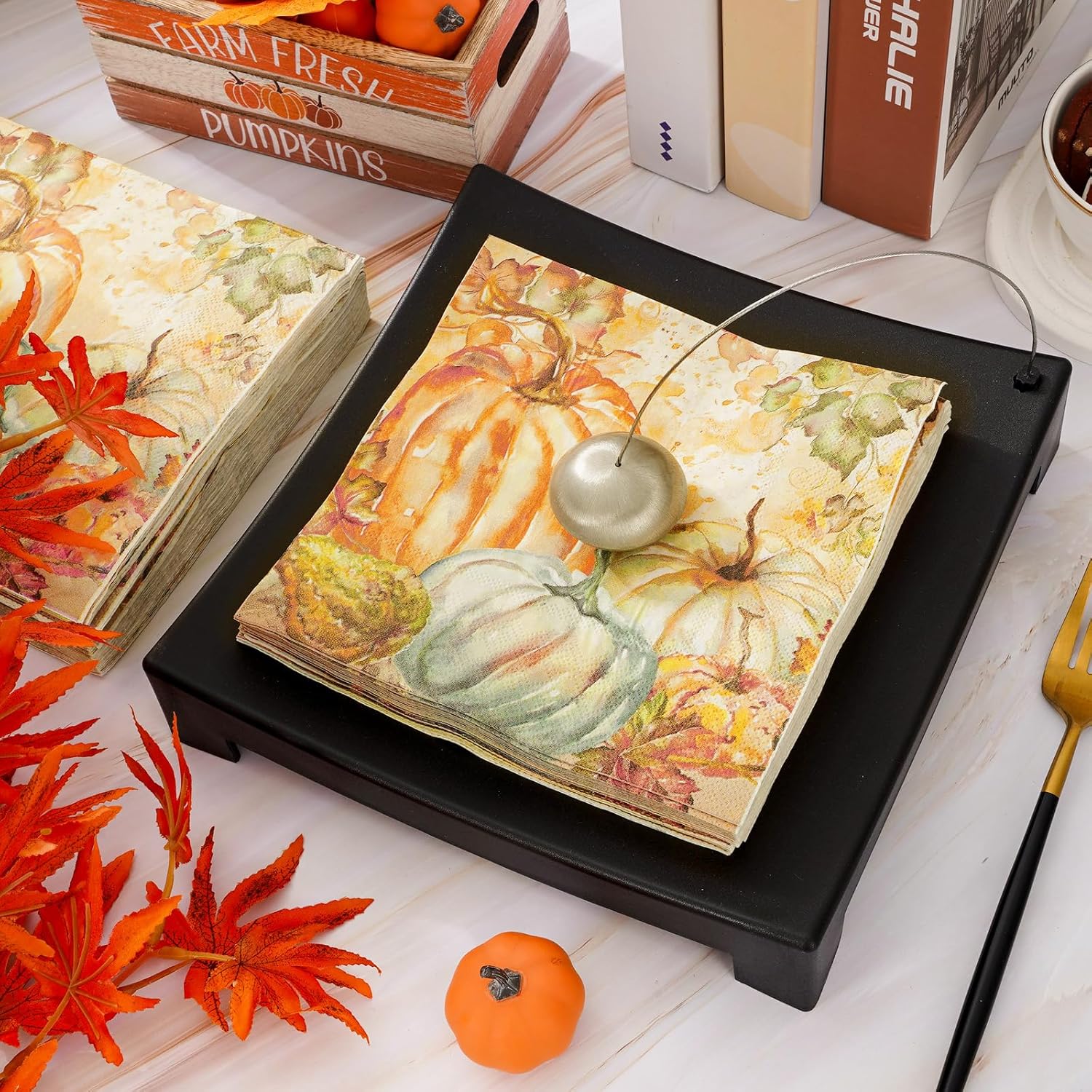 AnyDesign Servilletas de papel de calabaza de otoño, 80 servilletas de papel de calabaza con hojas de arce de 6.5 x 6.5 pulgadas, servilletas de