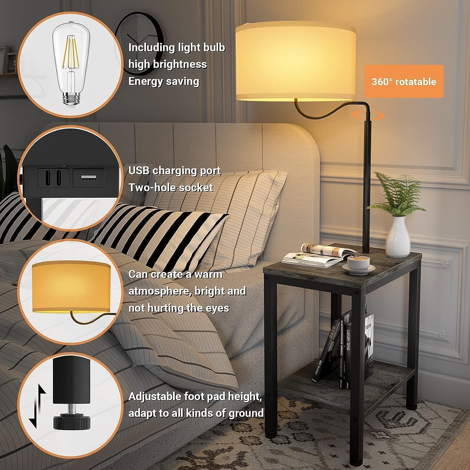Lámpara de pie LED con mesa, mesa auxiliar con luz LED y toma de corriente, mesita de noche con lámpara, mesa auxiliar con lámpara adjunta para sala